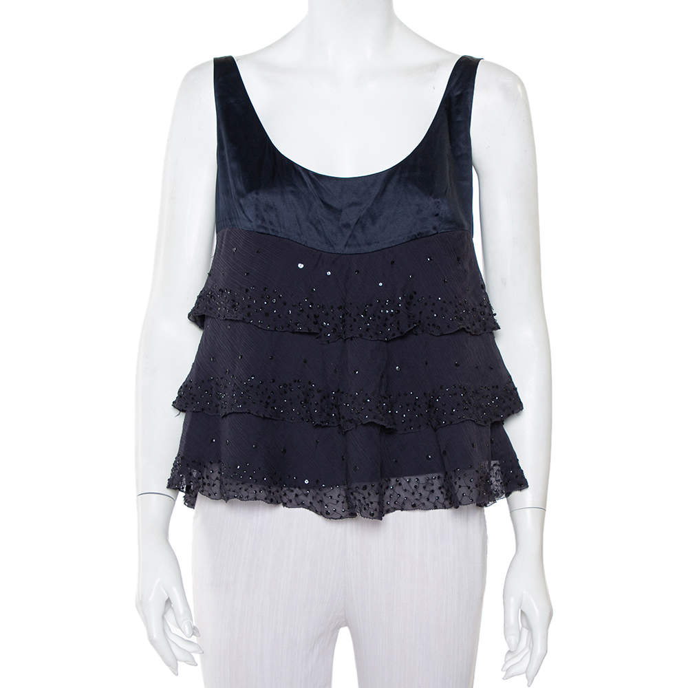 Pre Owned Diane von Furstenberg Navy Blue Silk  Sequin Embellished Tiered Sleeveless Latiera Top M