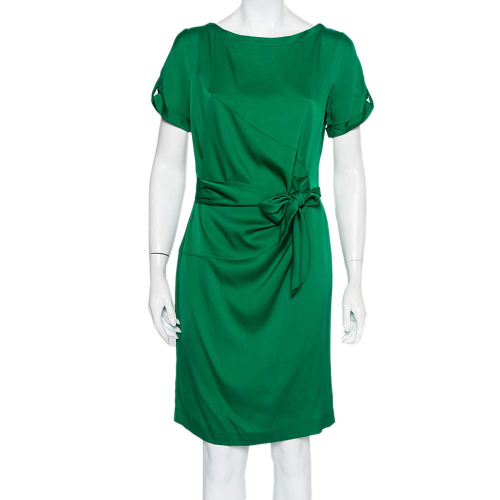 Pre Owned Diane Von Furstenberg Green Silk Satin Draped Faux Wrap Leron Dress L