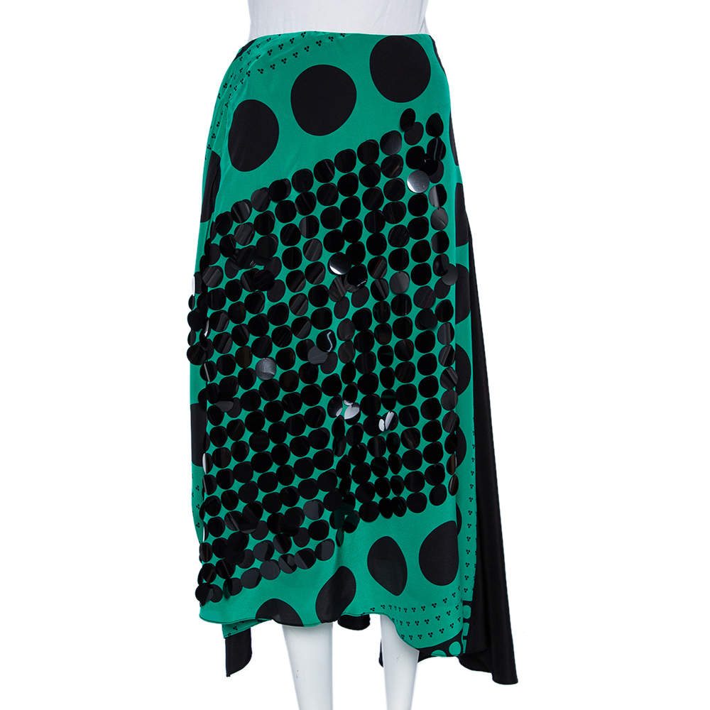 Diane von Furstenberg Black & Green Printed Sequined Silk Draped Skirt S