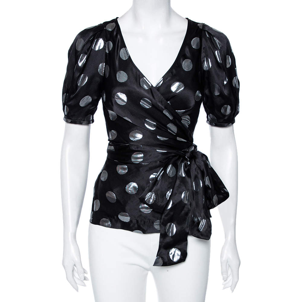 Pre Owned Diane Von Furstenberg Black Silk & Lurex Polka Dotted Larryn Blouse S