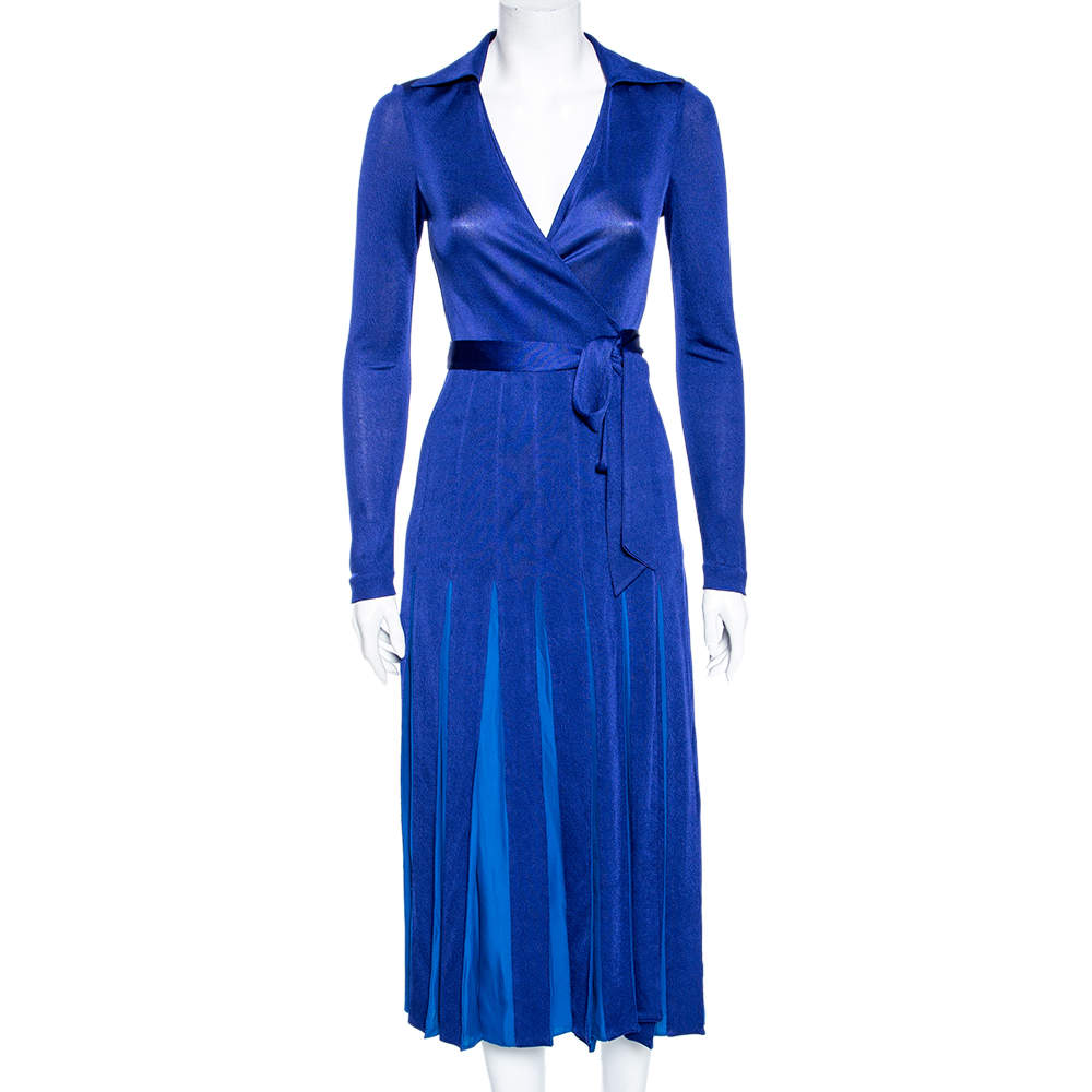 Pre Owned Diane von Furstenberg Blue Jersey Pleated Stevie Wrap Dress S