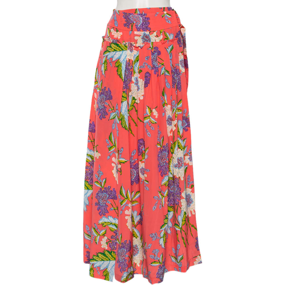 Pre Owned Diane von Furstenberg Pink Floral Printed Silk Pleated Detail D Ring Wrap Skirt M