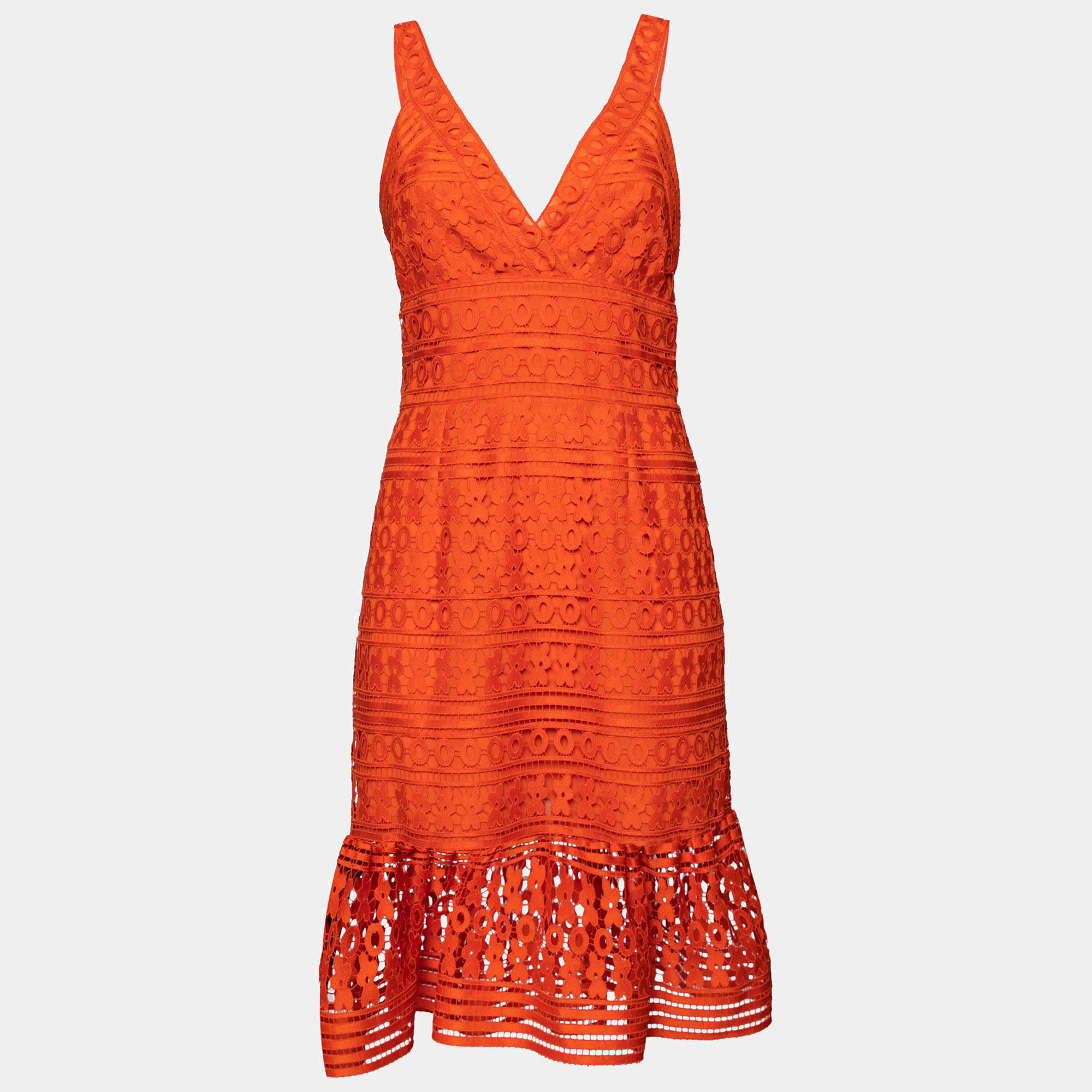 Pre Owned Diane von Furstenberg Orange Lace Flounce Tiana Sleeveless Dress M