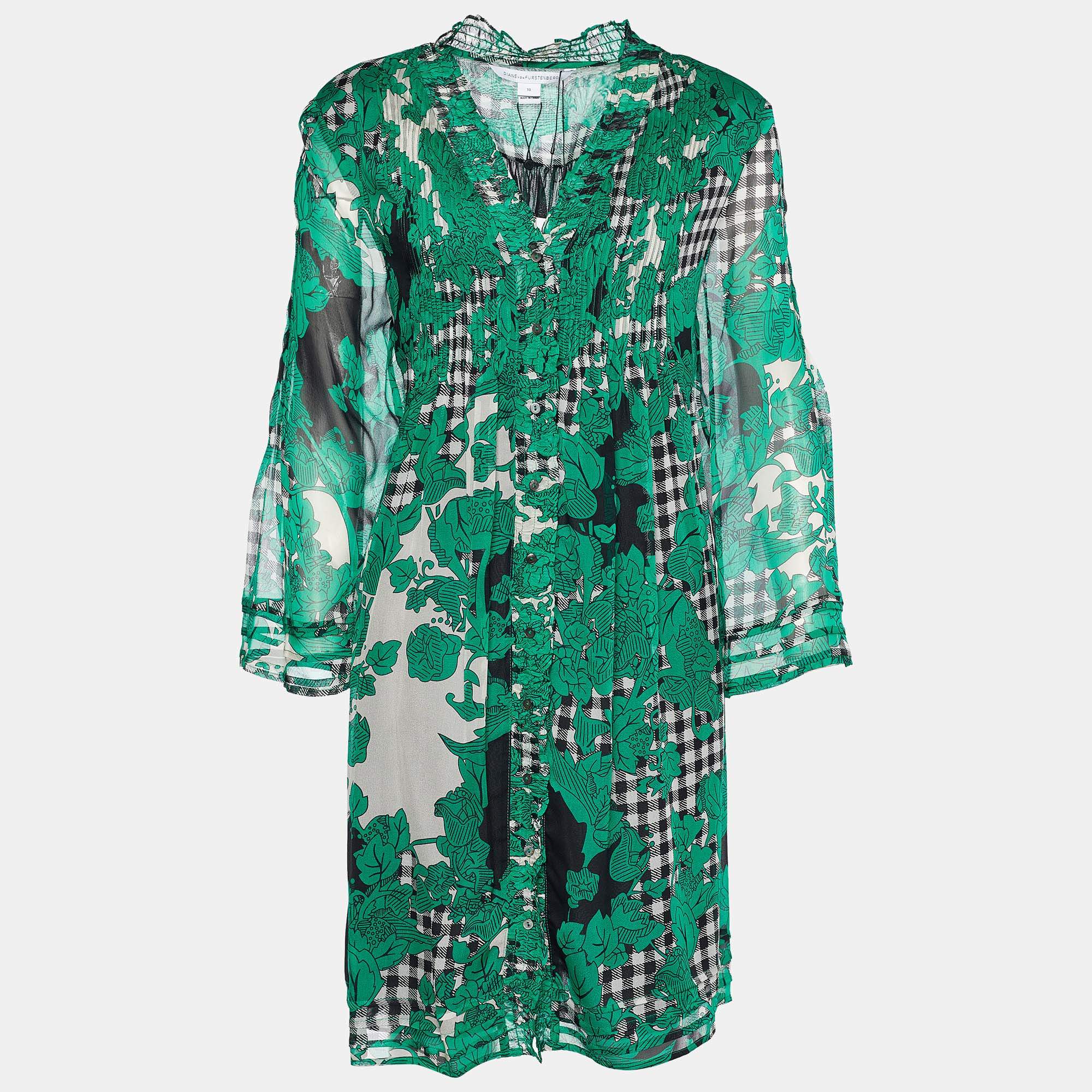 Pre Owned Diane von Furstenberg Green Printed Silk Chiffon Layla Shirt Dress L