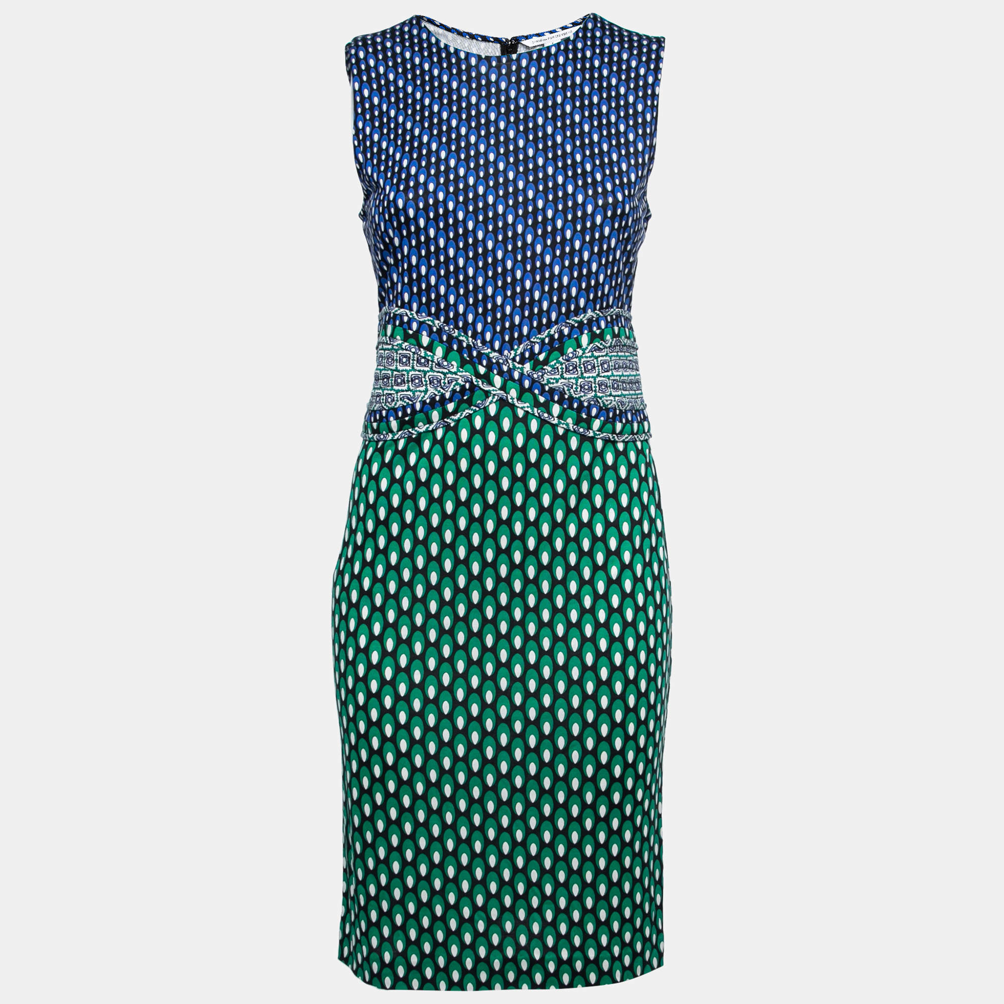 Pre Owned Diane von Furstenberg  Blue & Green Printed Stretch Silk Evita Midi Dress S