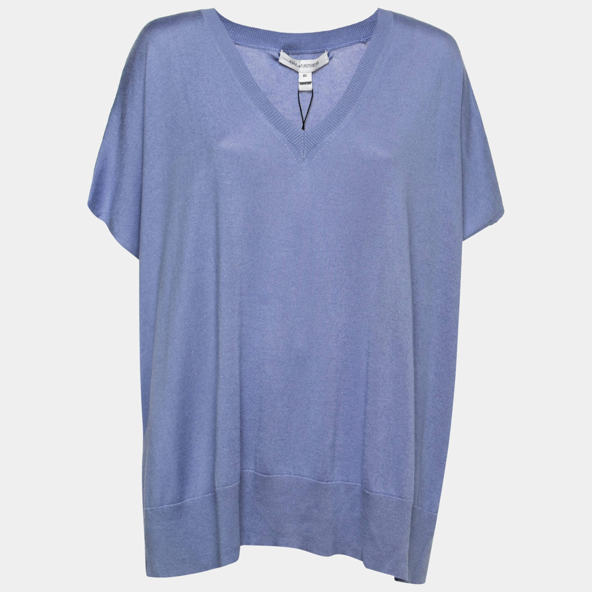 Pre Owned Diane Von Furstenberg Blue Silk & Cashmere V-Neck Knit Top L
