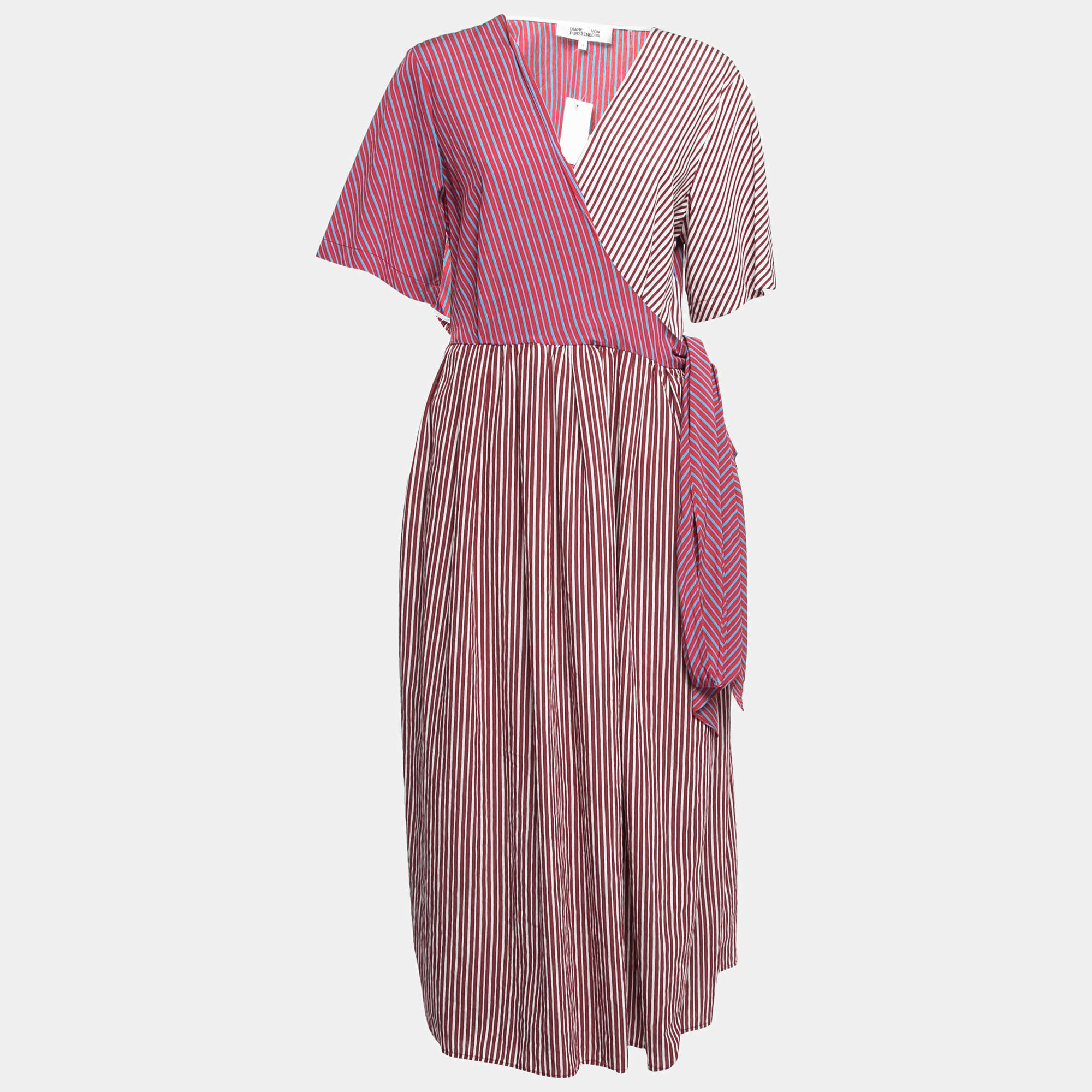 Diane Von Furstenberg Burgundy Striped Cotton Wrap Dress XL