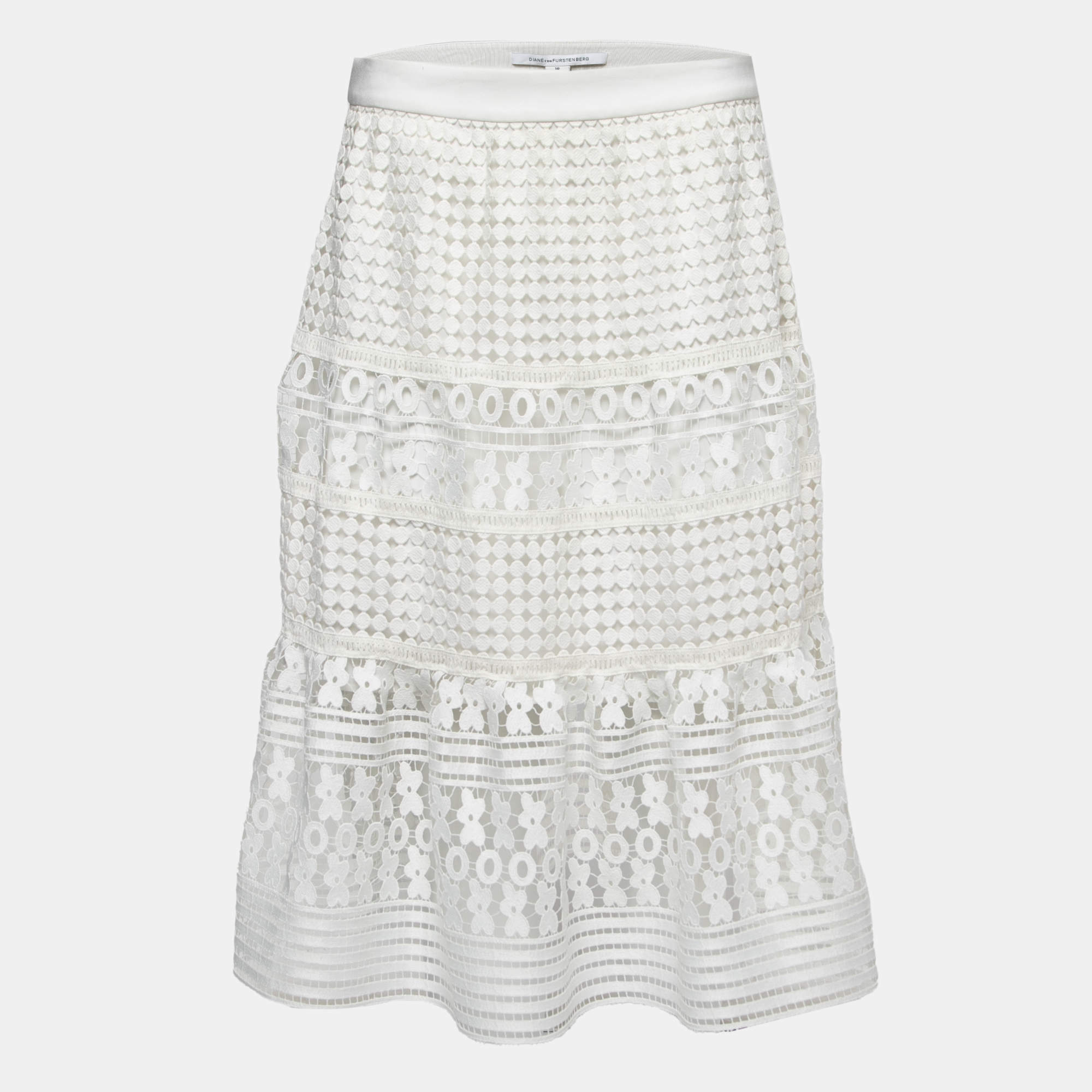 Pre Owned Diane Von Furstenberg White Guipure Lace Midi Skirt L