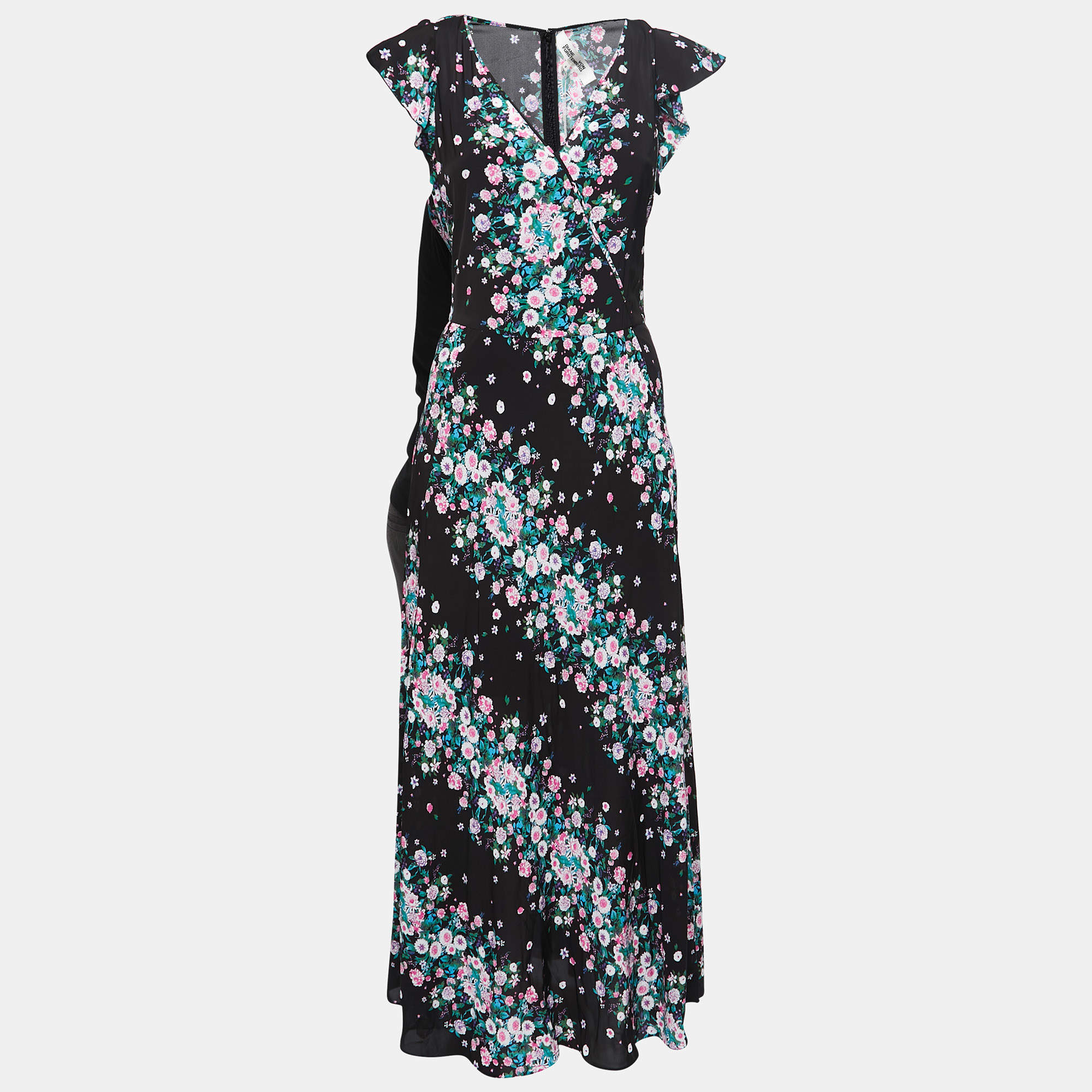 Pre Owned Diane Von Furstenberg Black Floral Printed Crepe Midi Dress M