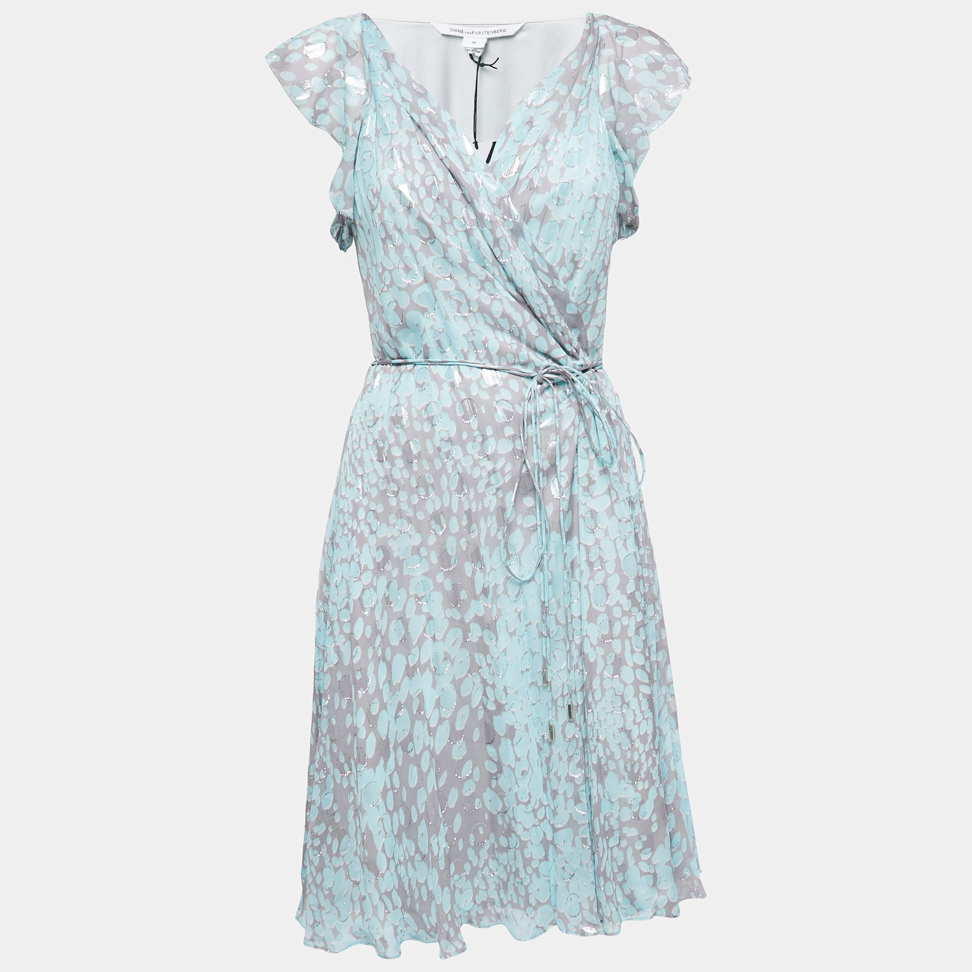 Pre Owned Diane Von Furstenberg Grey/blue Leopard Rain Spots Printed Silk Delancey Short Wrap Dress L