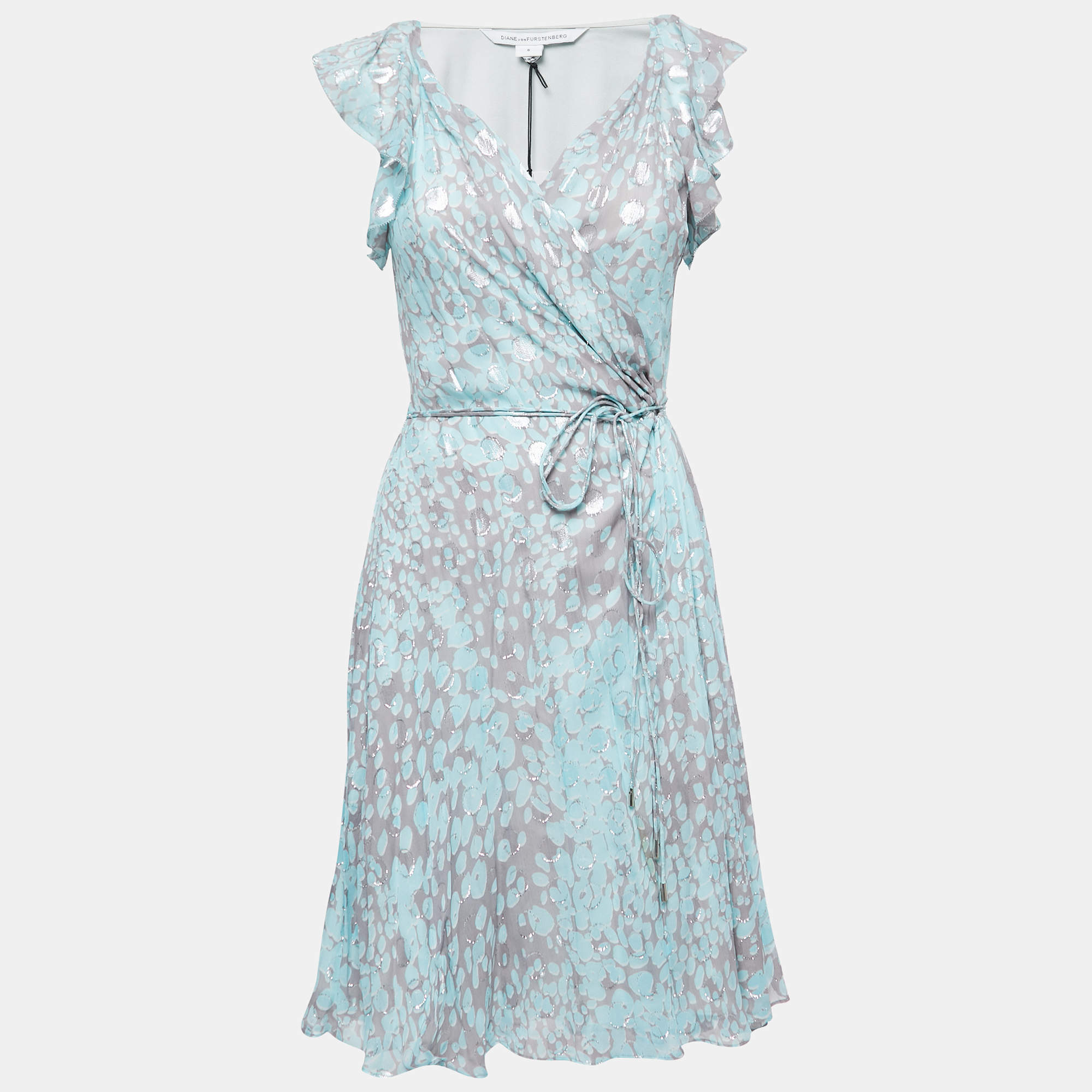 Pre Owned Diane Von Furstenberg Grey/blue Leopard Rain Spots Printed Silk Delancey Short Wrap Dress M