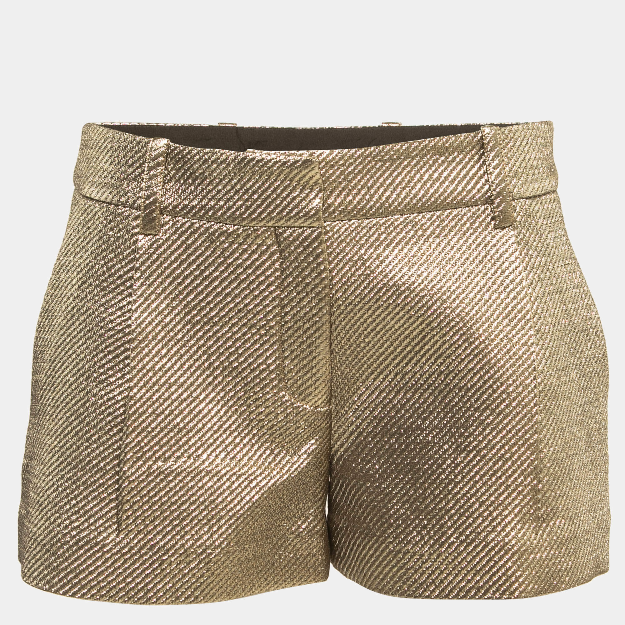 Pre Owned Diane Von Furstenberg Gold Lame Mini Shorts M