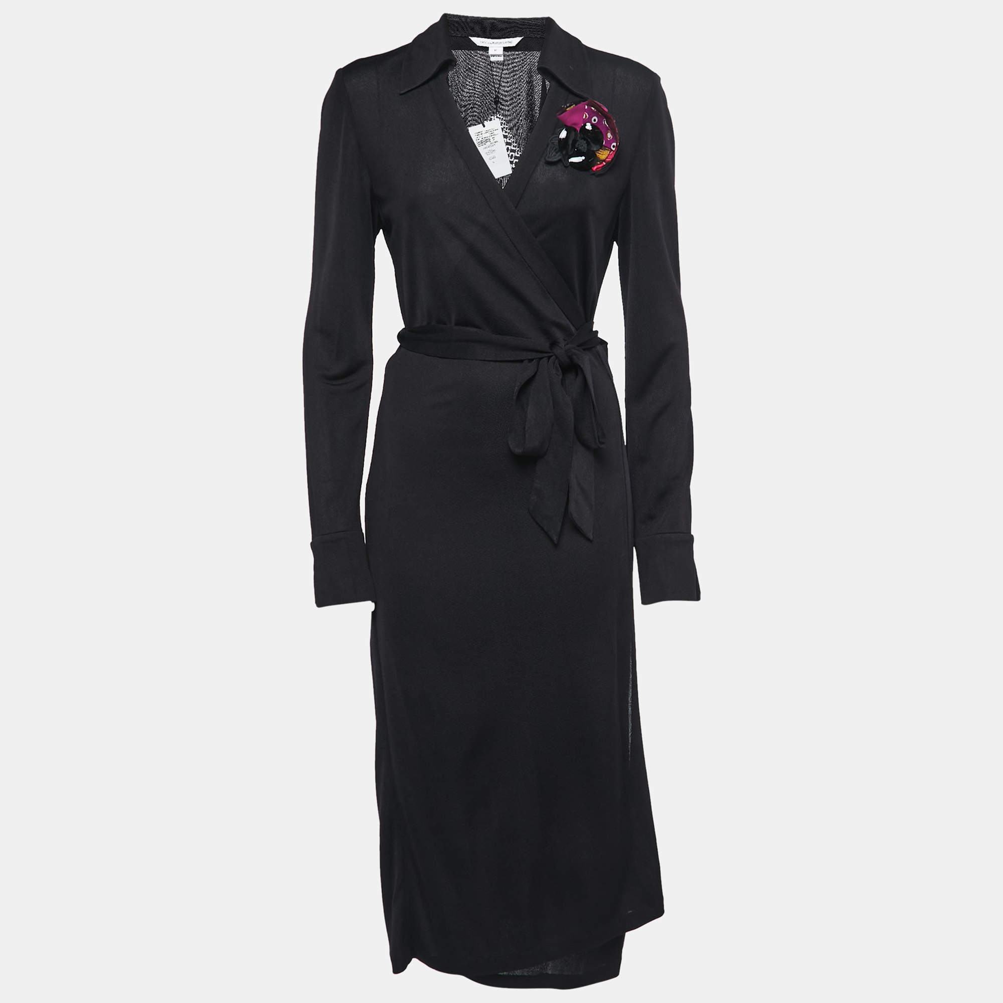 Pre Owned Diane Von Furstenberg Black Jersey Cybil Wrap Dress L