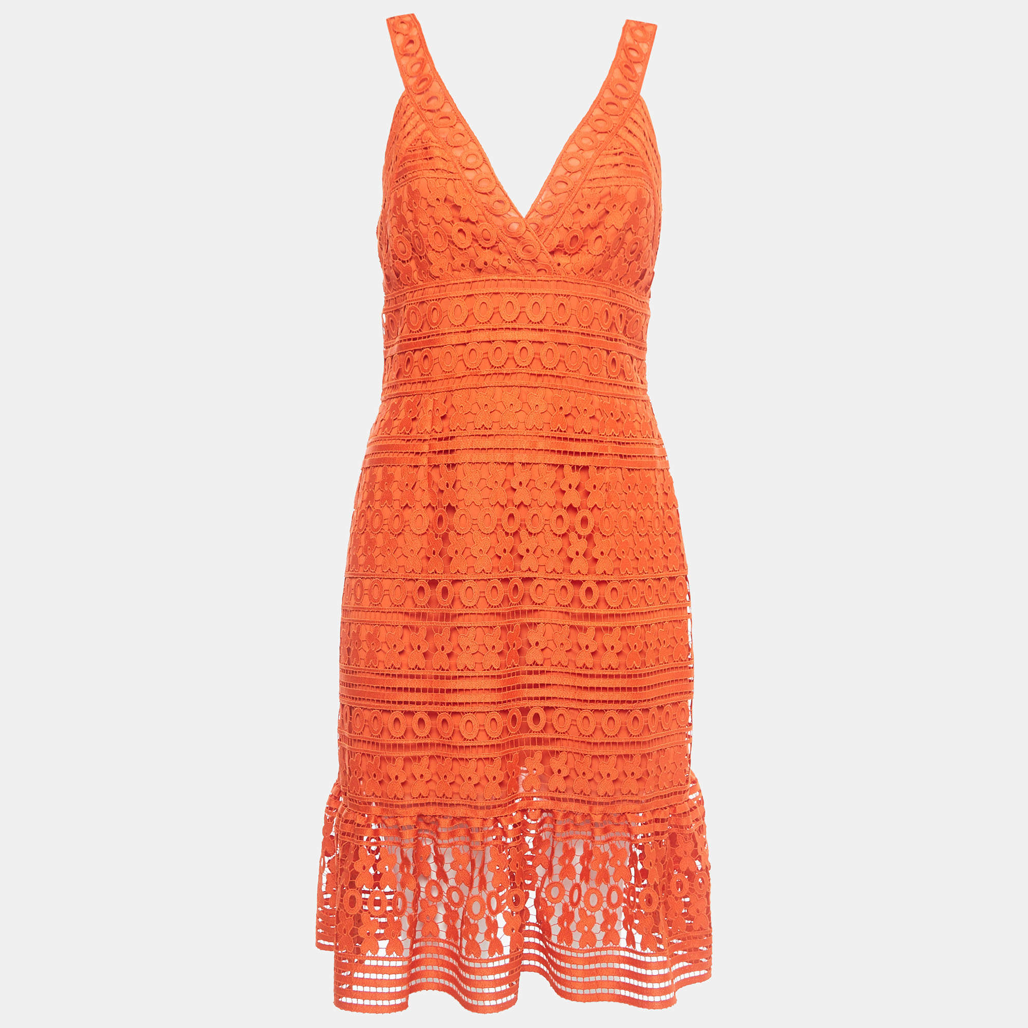 Pre Owned Diane Von Furstenberg Orange Guipure Lace Tiana Sleeveless Dress M
