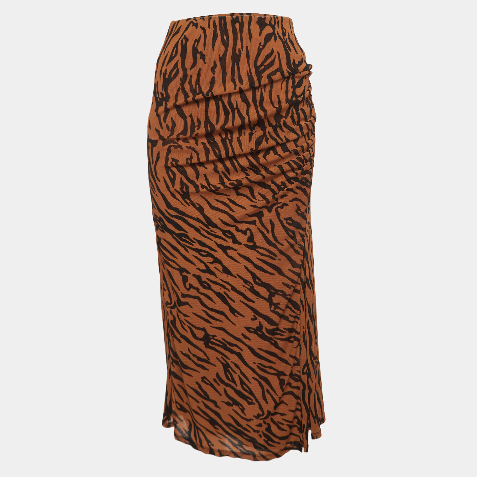 Pre Owned Diane Von Furstenberg Orange Print Stretch Knit Caspian Tigress Midi Skirt S