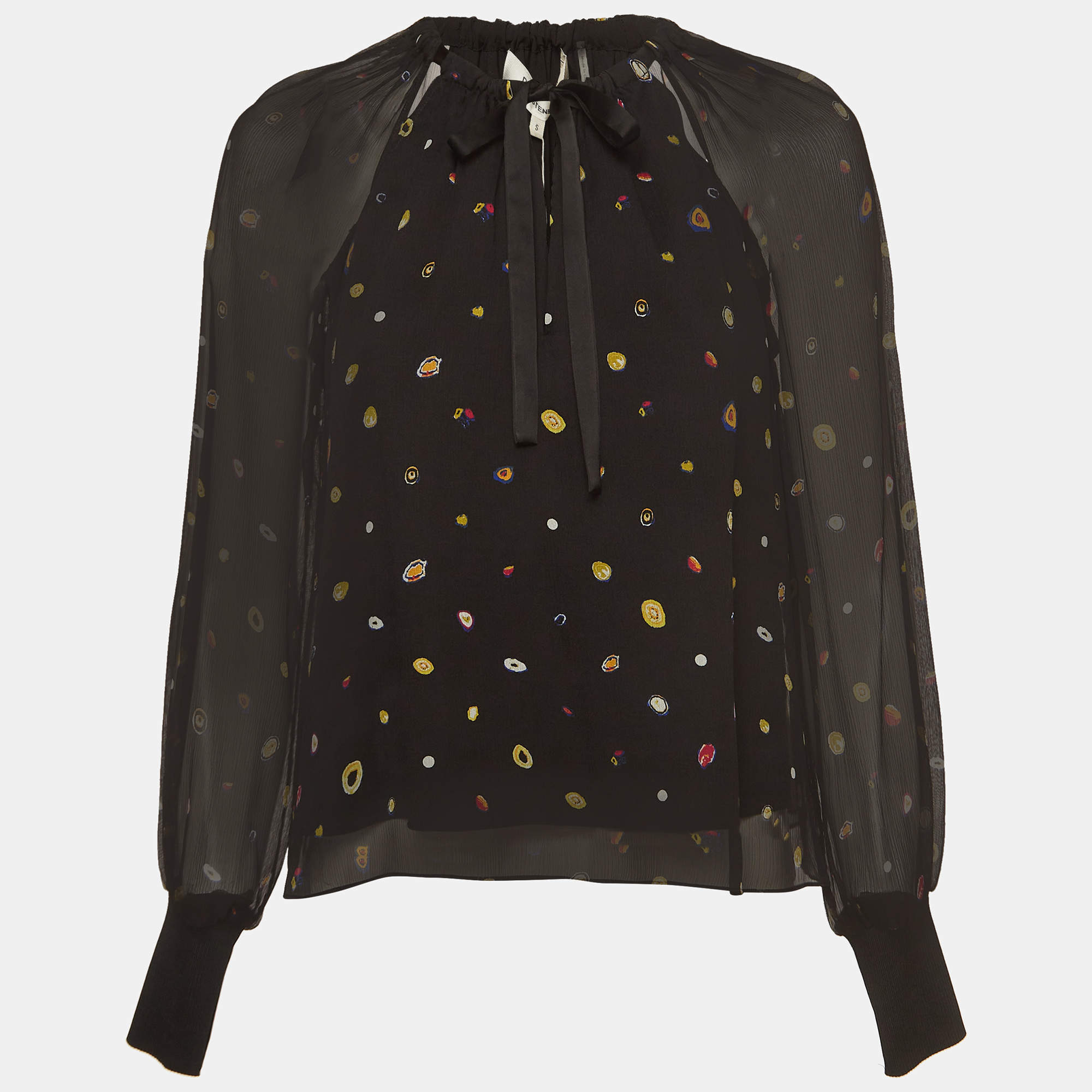 Pre Owned Diane Von Furstenberg Black Polka Dot Print Silk Chiffon Long Sleeve Blouse S