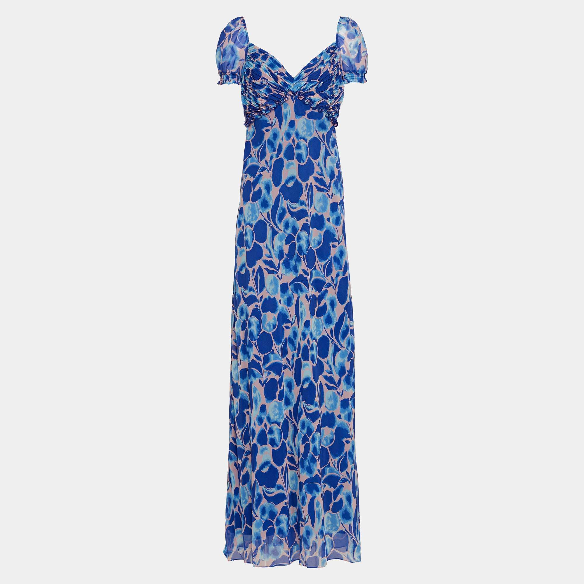 Pre Owned Diane Von Furstenberg Blue/Pink Printed Chiffon Maxi Dress XXL (US 12)