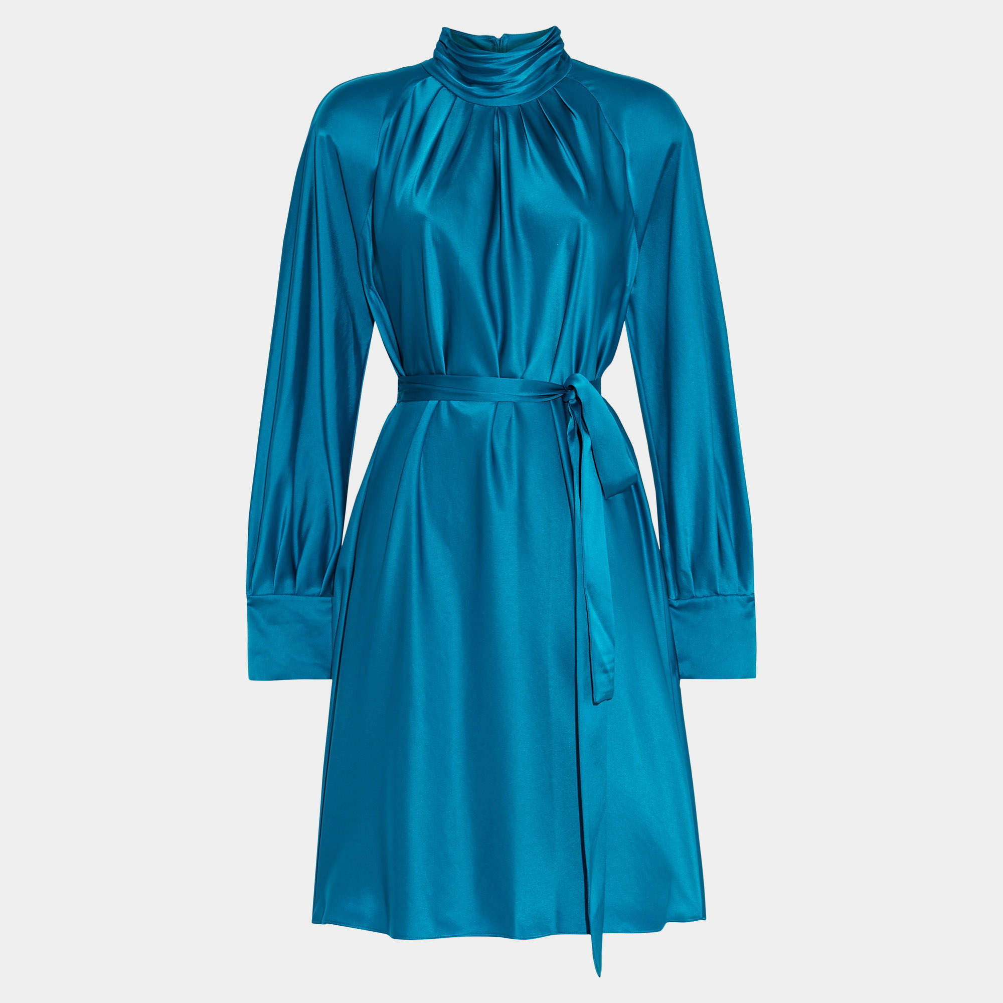 Pre Owned Diane Von Furstenberg Blue Satin Veda Belted Dress M