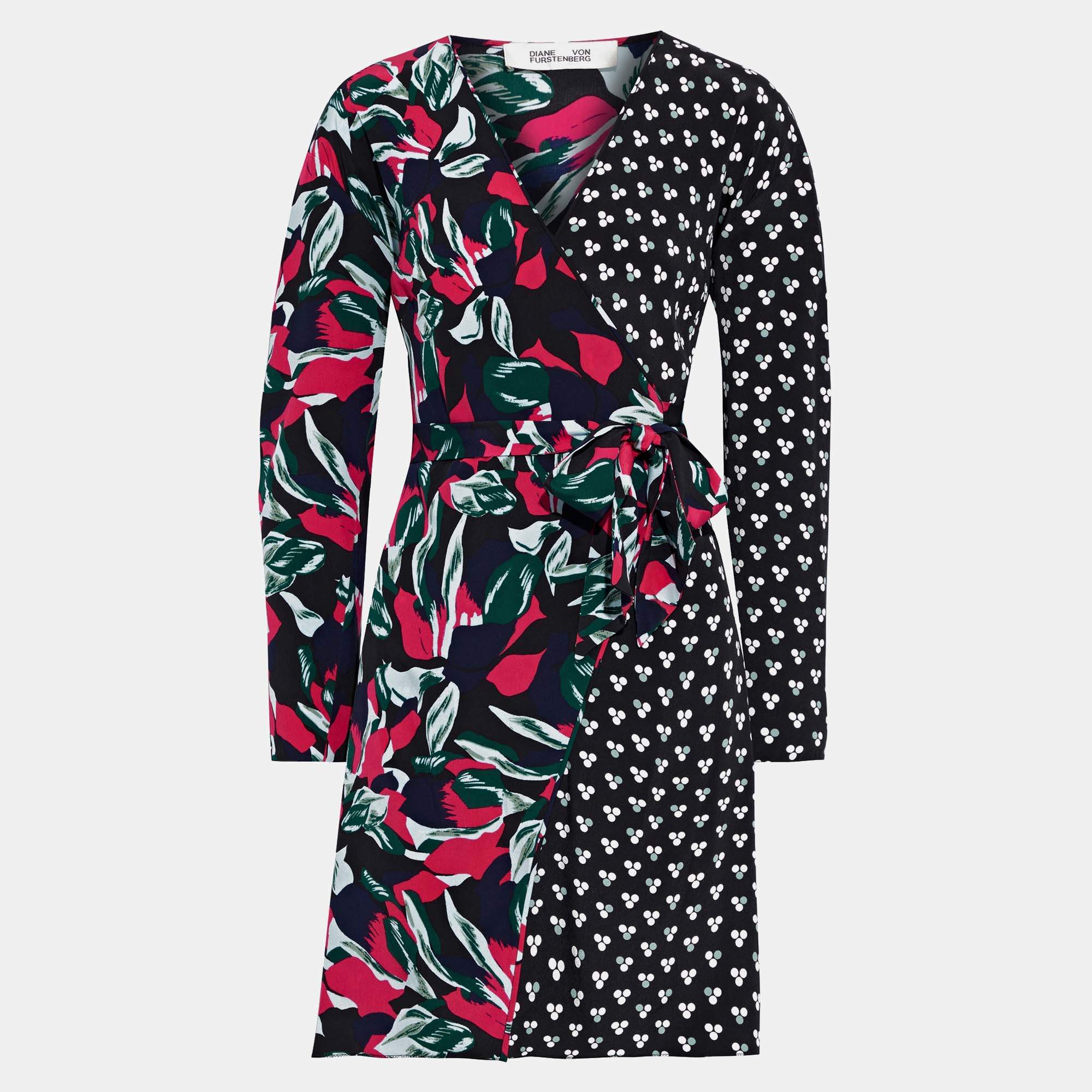 Diane Von Furstenberg Black Printed Silk Raven Wrap Dress M