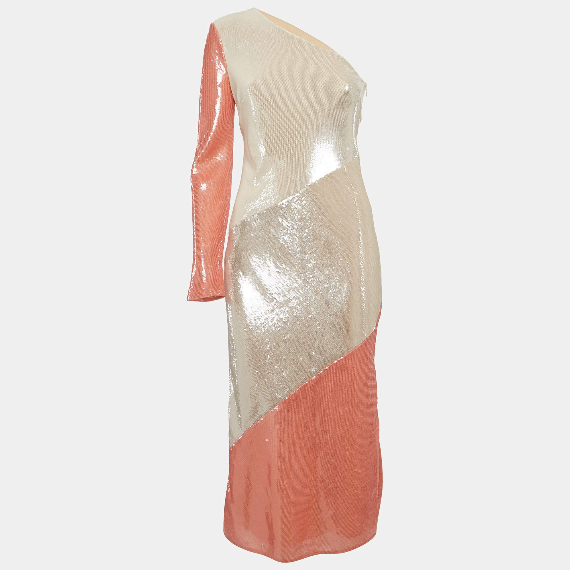Diane Von Furstenberg Cream Sequin and Silk One Shoulder Bias Midi Dress S