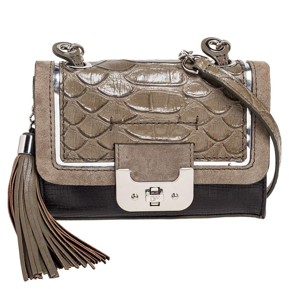 Pre Owned Diane von Furstenberg Black/Olive Green Suede and Python Embossed Leather Shoulder Bag