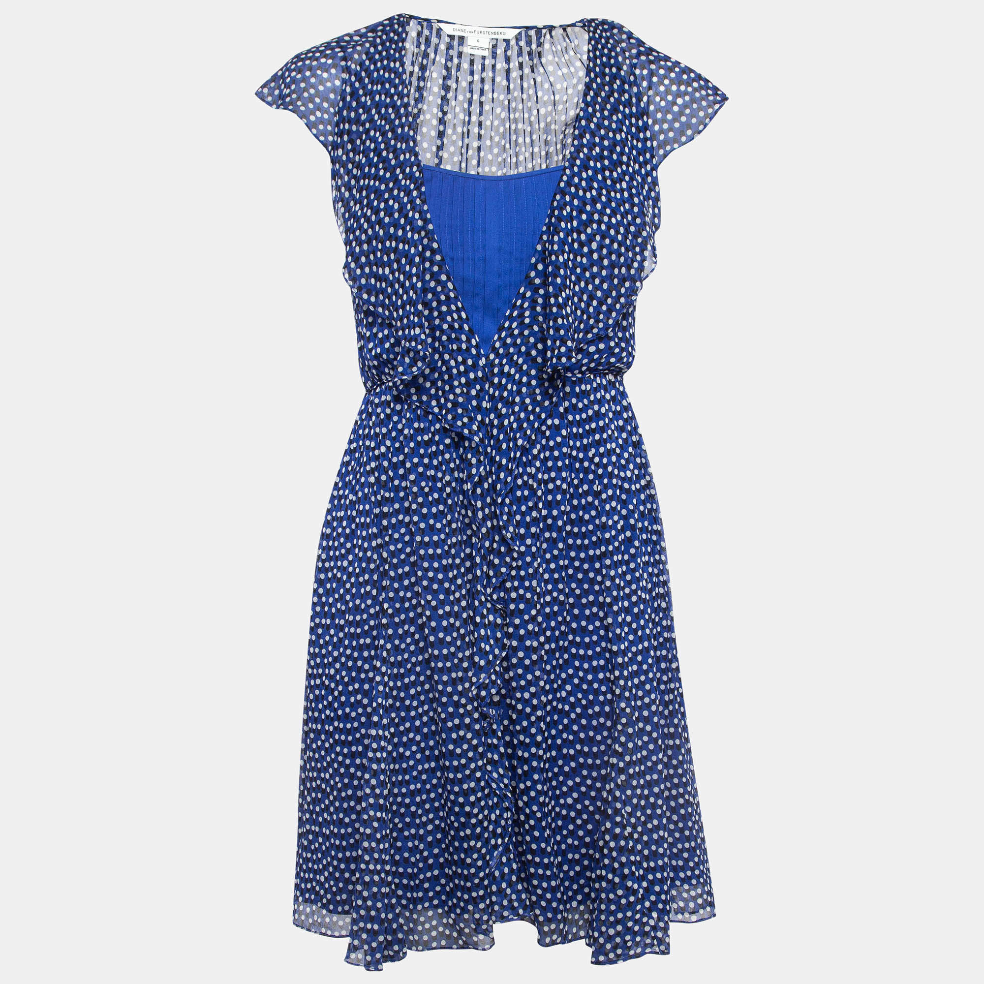 Pre Owned Diane Von Furstenberg Blue Printed Silk V Neck Ruffled Mini Dress XS