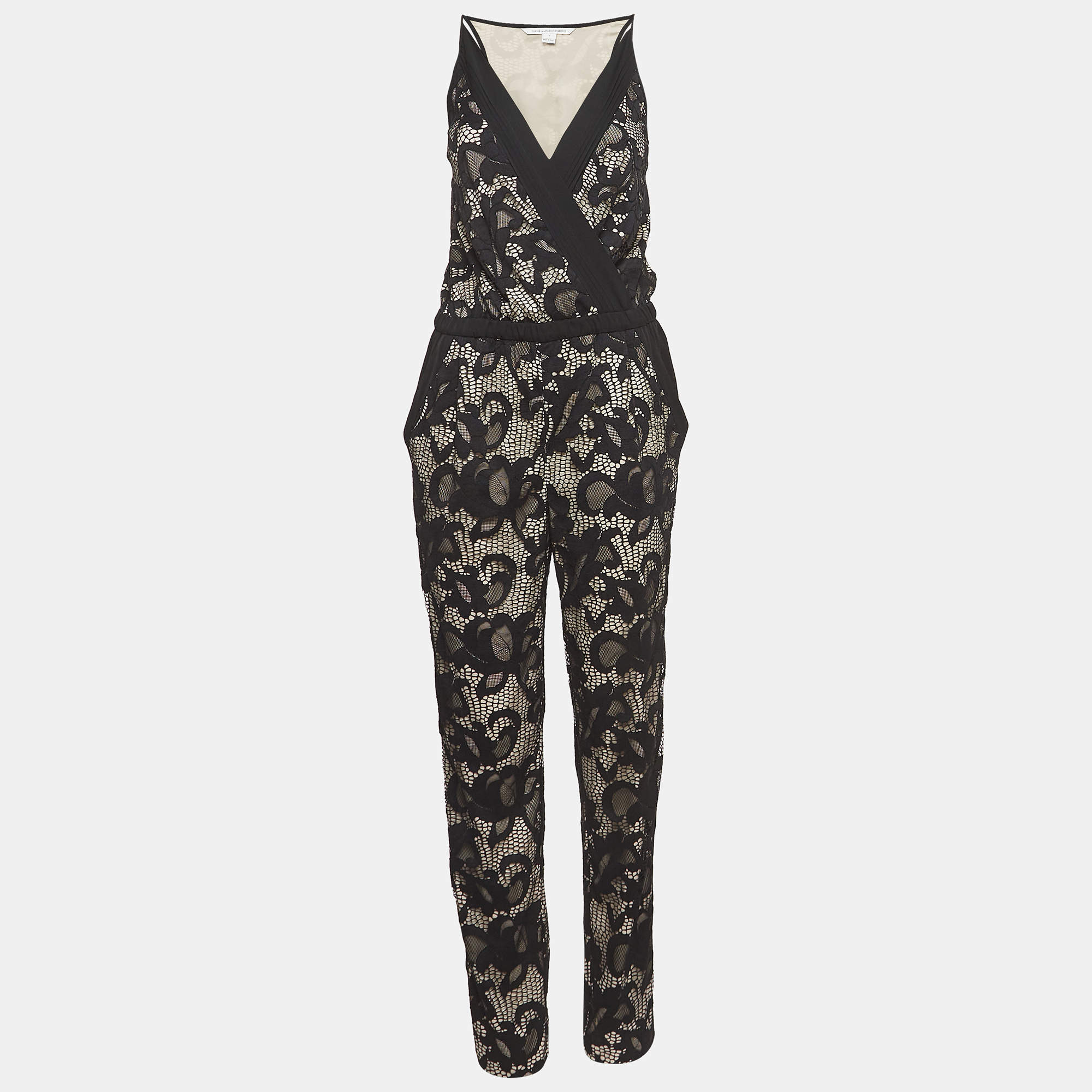 Diane Von Furstenberg Black Guipure Lace Jumpsuit M