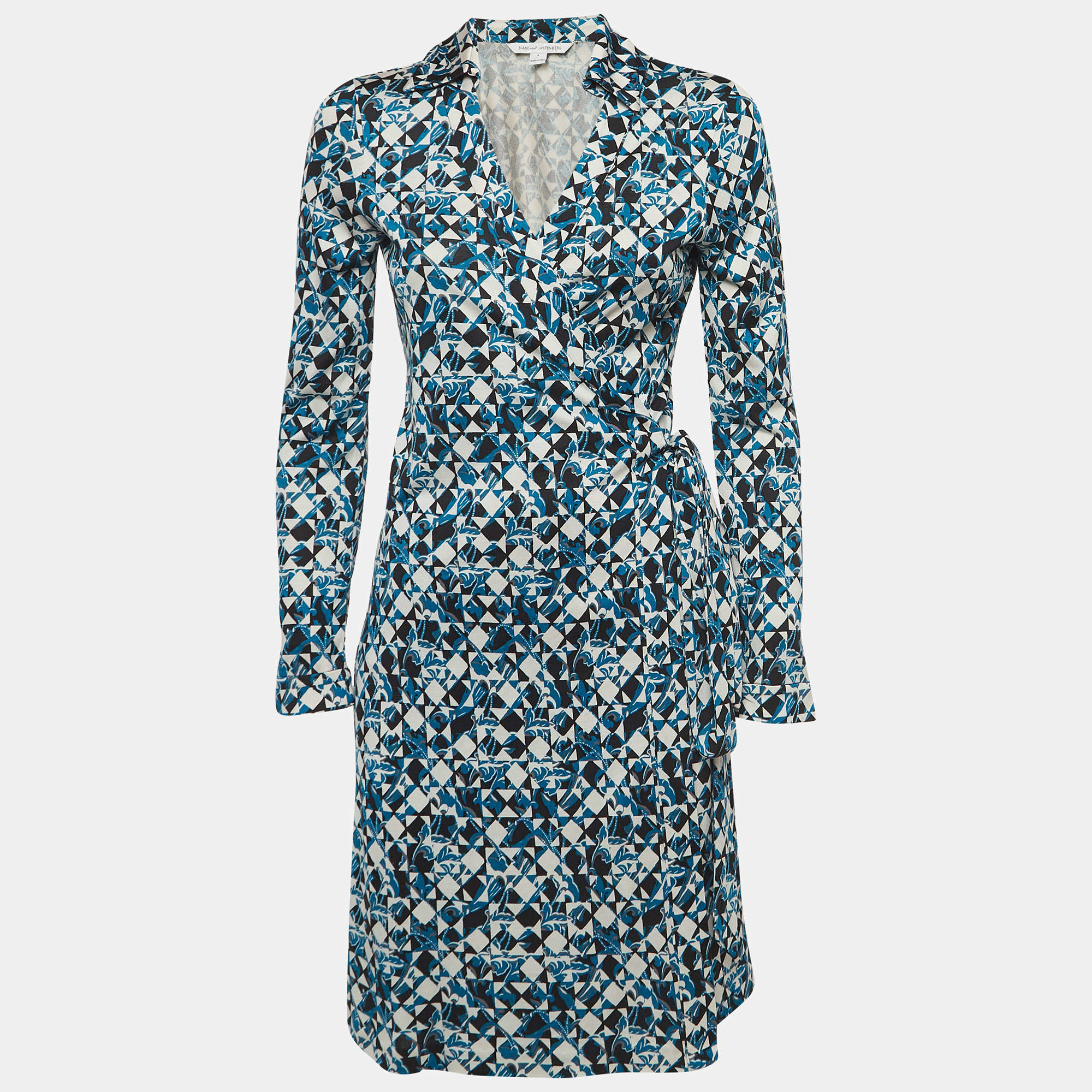 Diane Von Furstenberg Blue Printed Silk Jersey Wrap Dress M