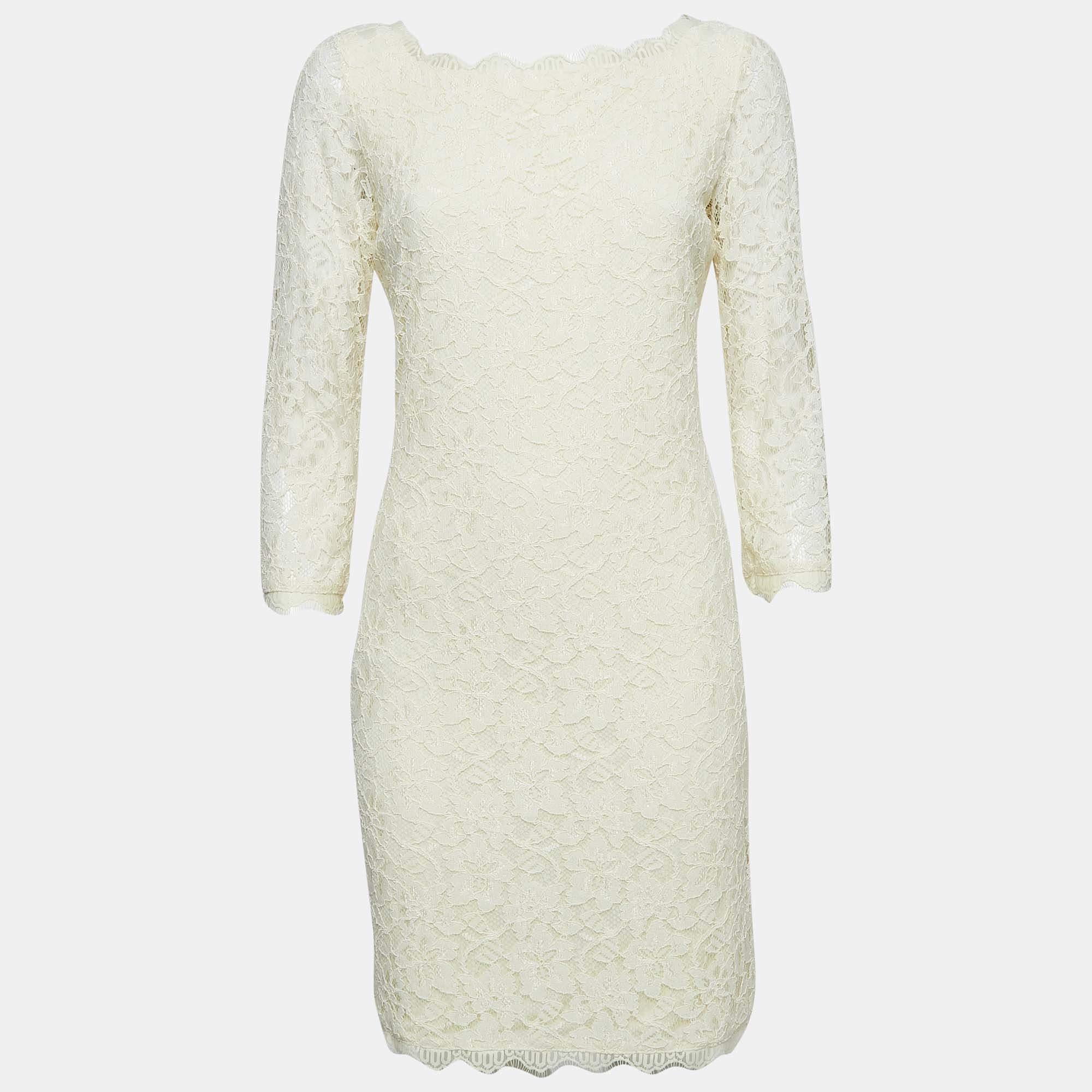 Pre Owned Diane Von Furstenberg Cream Lace Mini Zarita Dress M