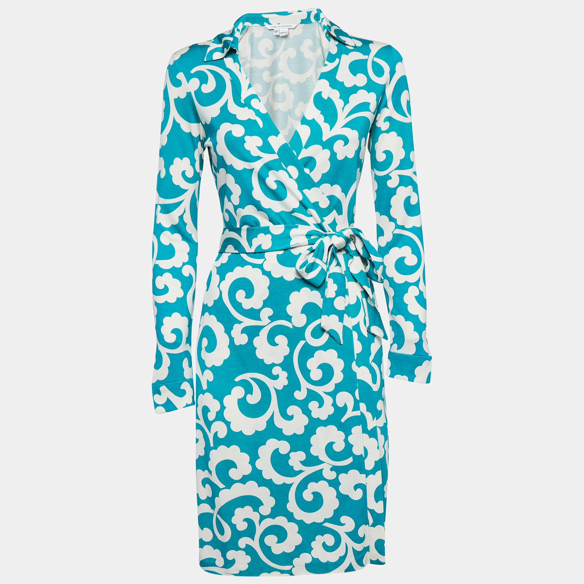 Pre Owned Diane Von Furstenberg Green Printed Jersey Wrap Dress M