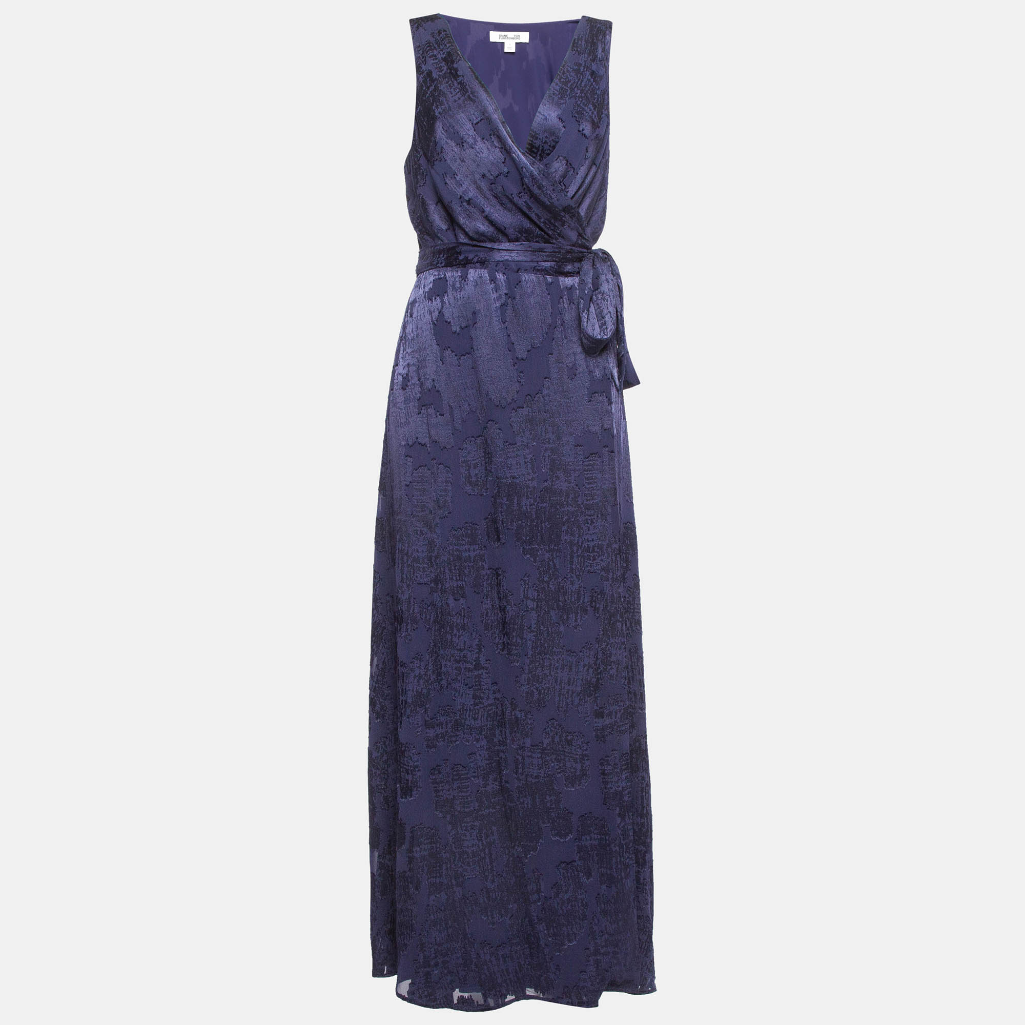Pre Owned Diane Von Furstenberg Navy Blue Jacquard Maxi Wrap Dress L