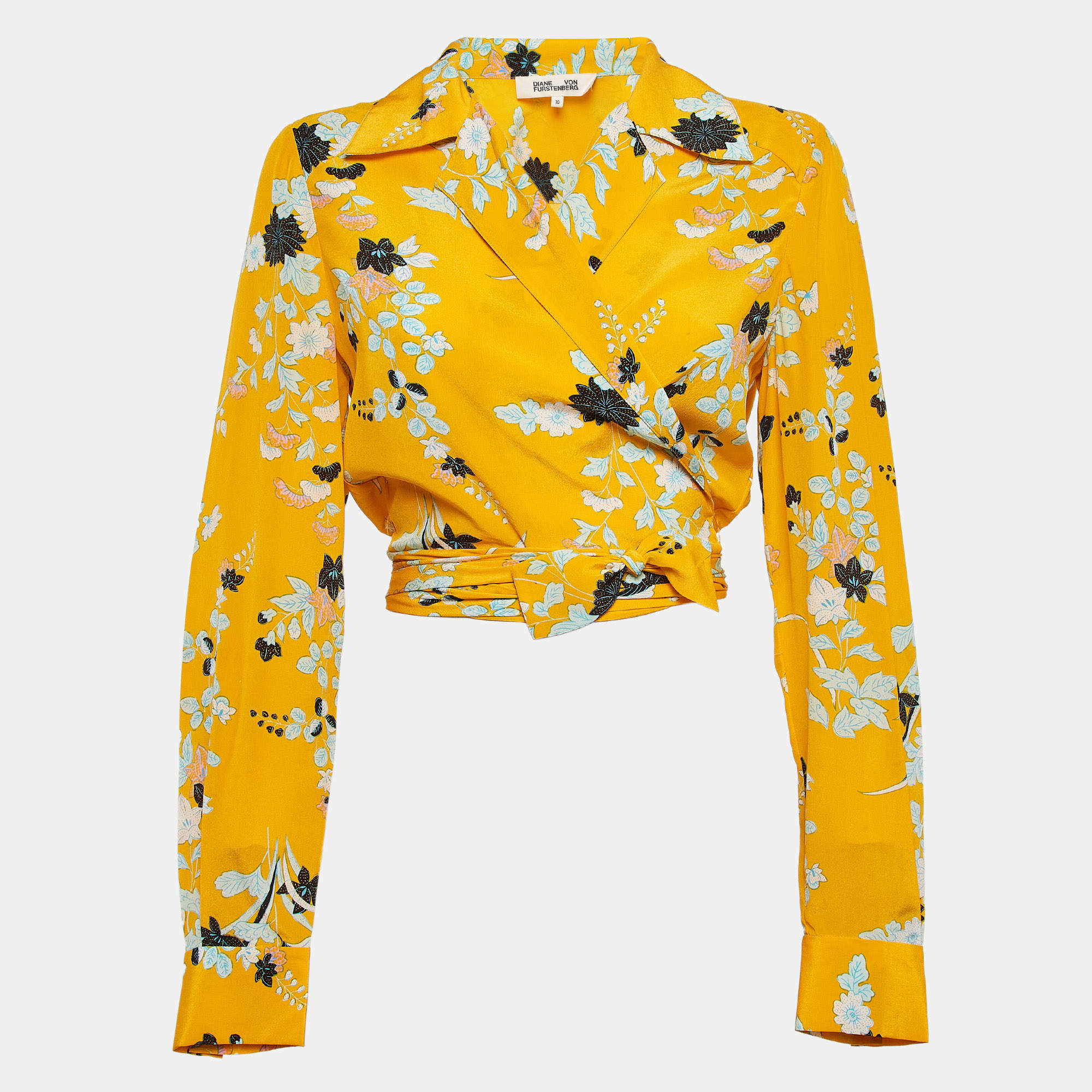 Pre Owned Diane Von Furstenberg Yellow Floral Print Silk Crop Wrap Shirt L