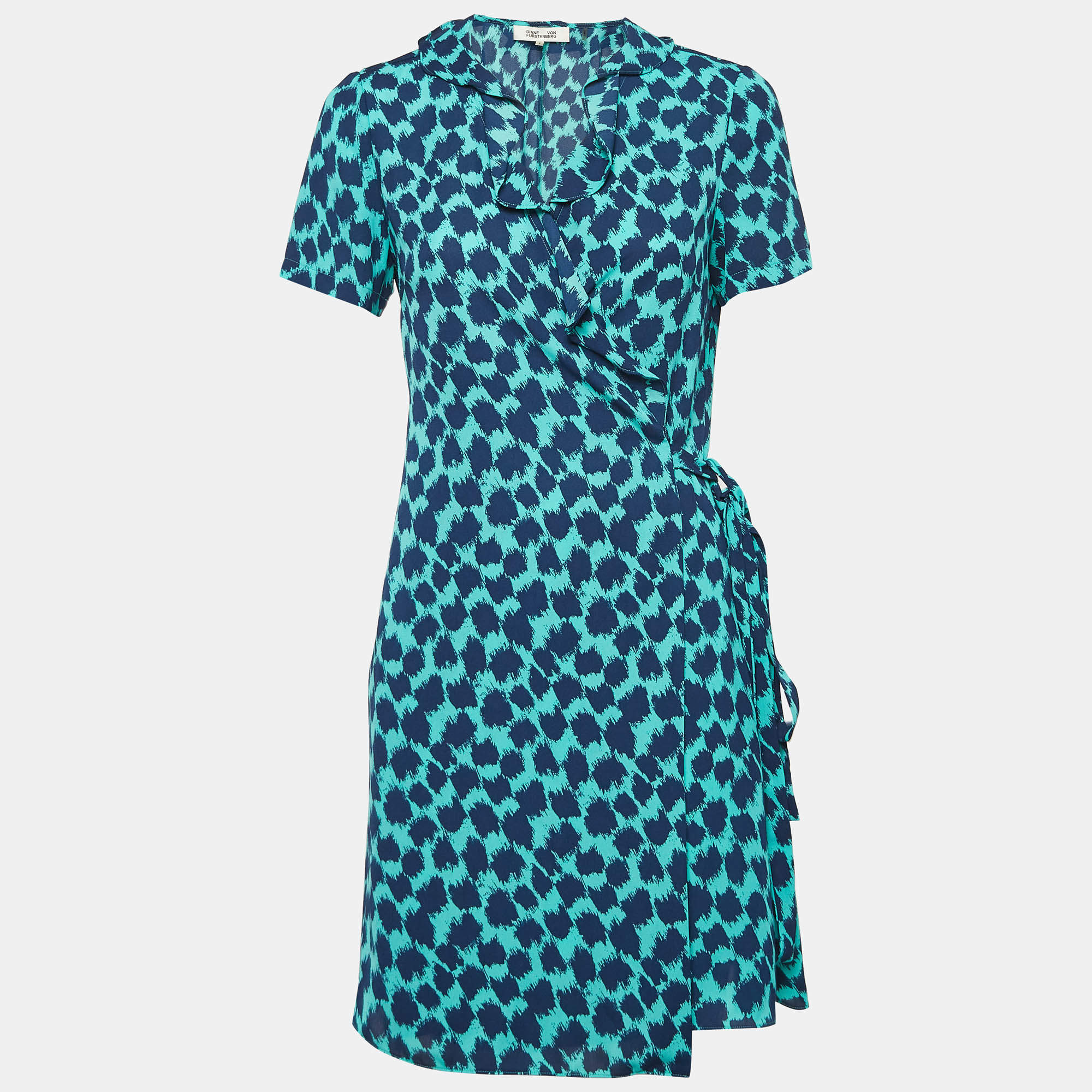 Pre Owned Diane Von Furstenberg Teal Blue Leopard Print Crepe Wrap Dress S 