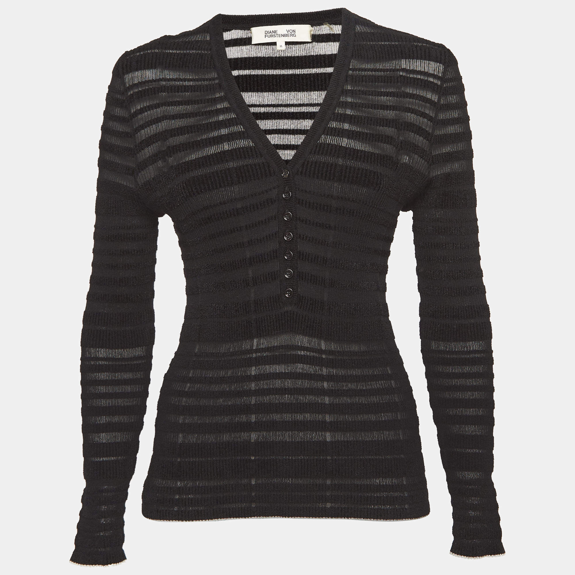 Pre Owned Diane Von Furstenberg Black Patterned Knit Sweater Top M