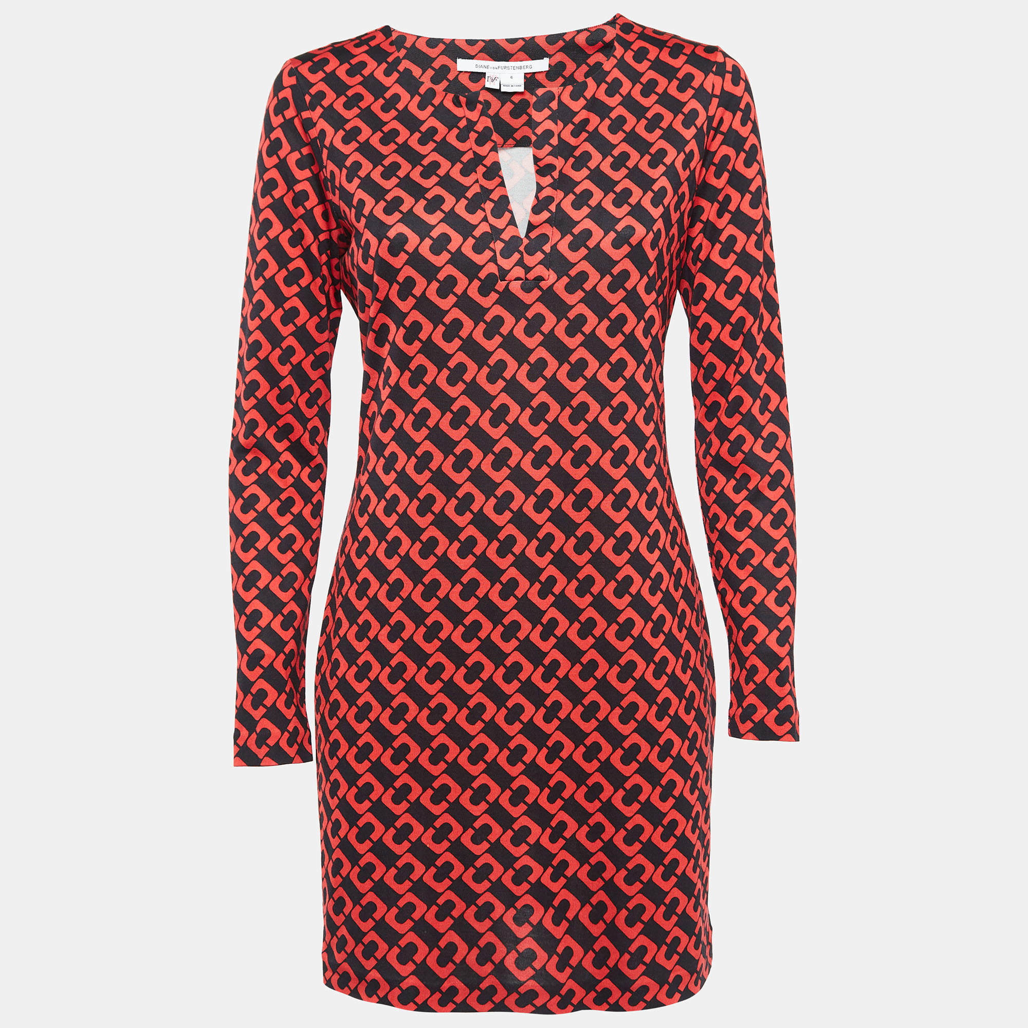 Pre Owned Diane Von Furstenberg Red Printed Silk Jersey Mini Dress M