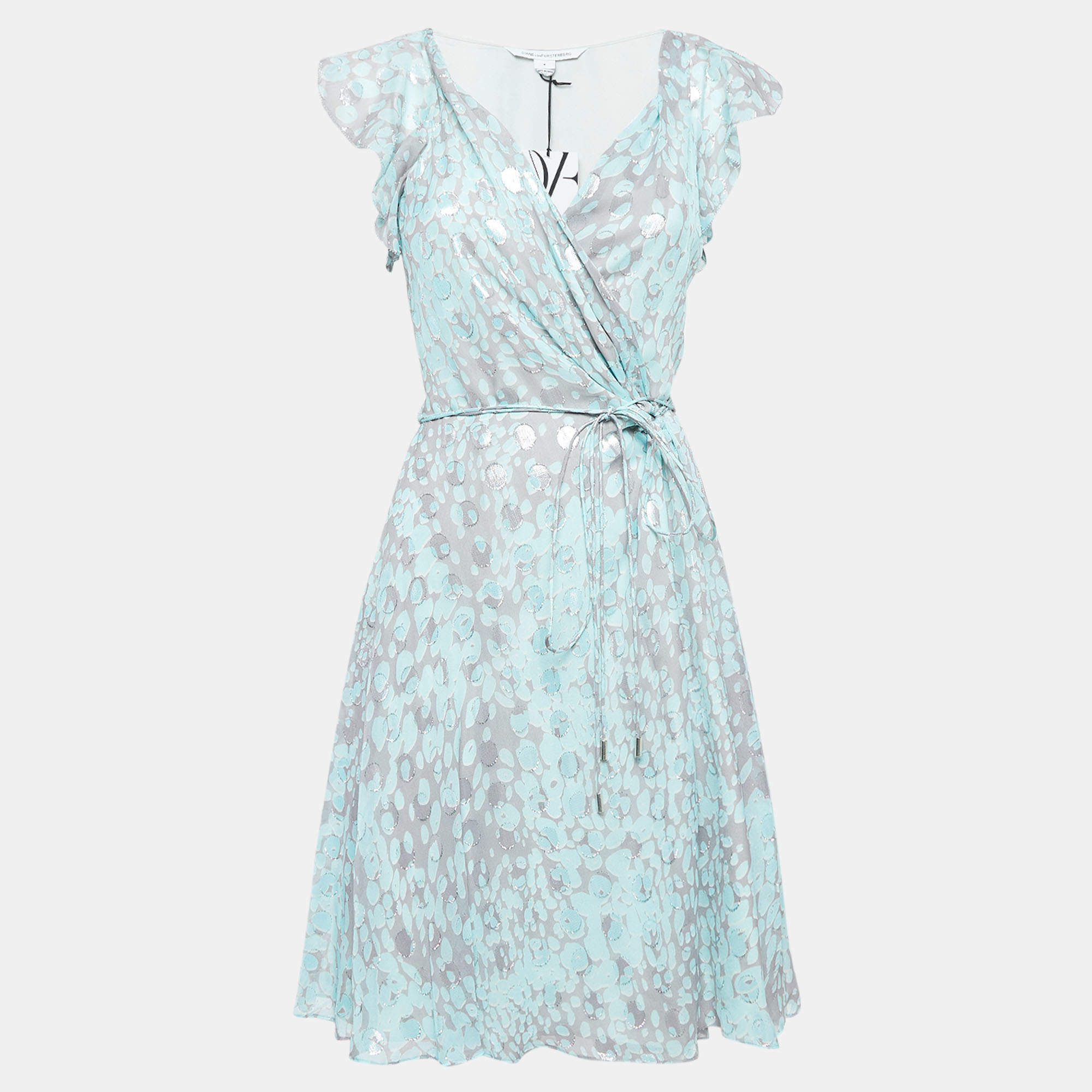 Pre Owned Diane Von Furstenberg Grey/Blue Printed Silk Delancey Wrap Dress S