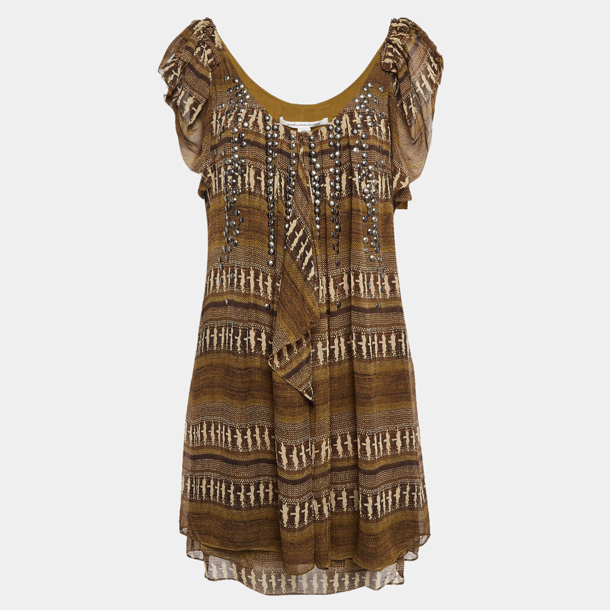 Pre Owned Diane Von Furstenberg Brown Printed Silk Neck Detail Mini Dress L