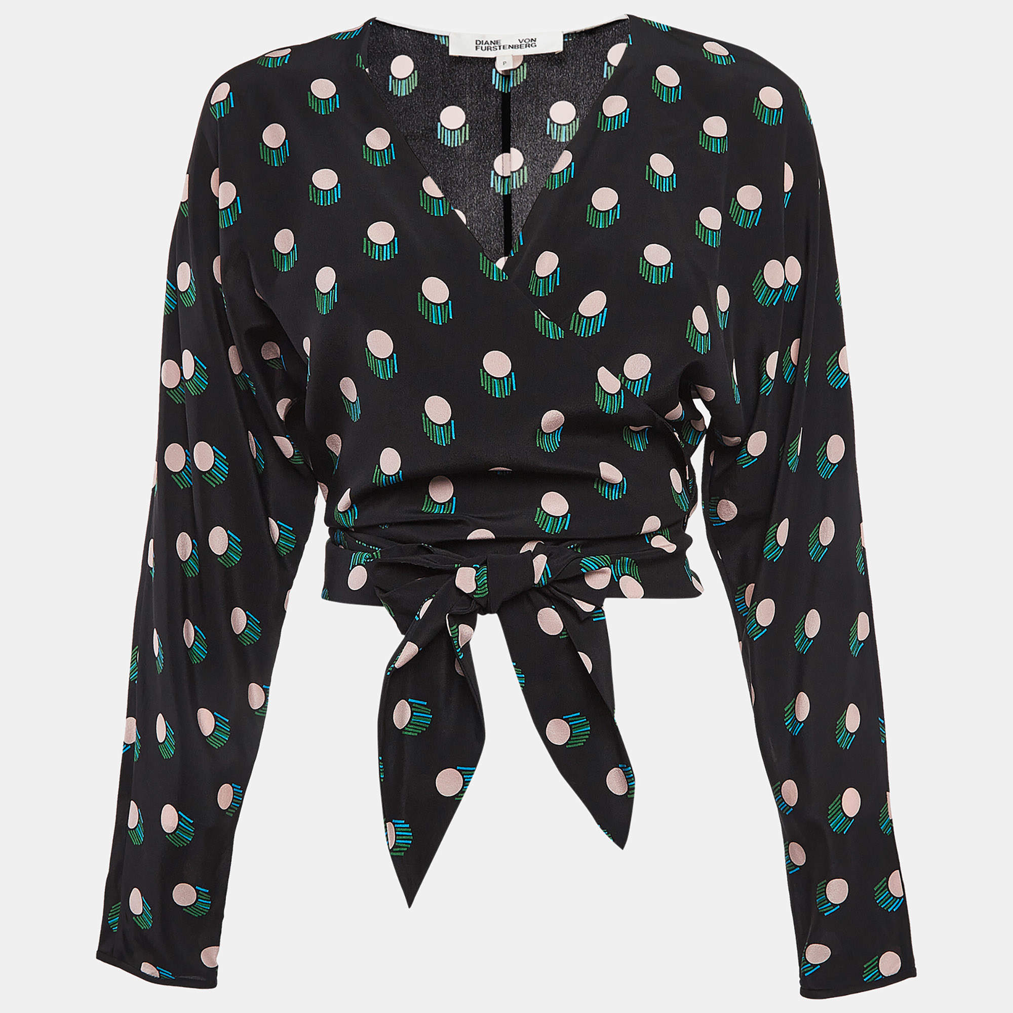Pre Owned Diane Von Furstenberg Black Printed Tie-Up Crop Top S