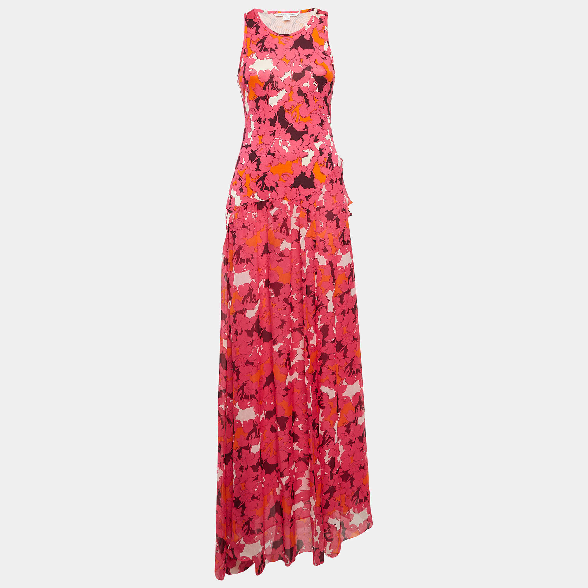 Pre Owned Diane Von Furstenberg Pink Eden Garden Print Jersey and Silk Davina Maxi Dress M