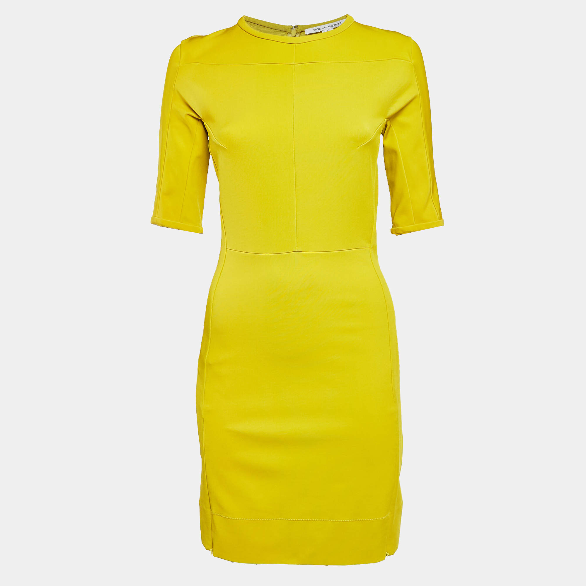 Pre Owned Diane Von Furstenberg Acid Yellow Jersey Oka Sheath Dress M