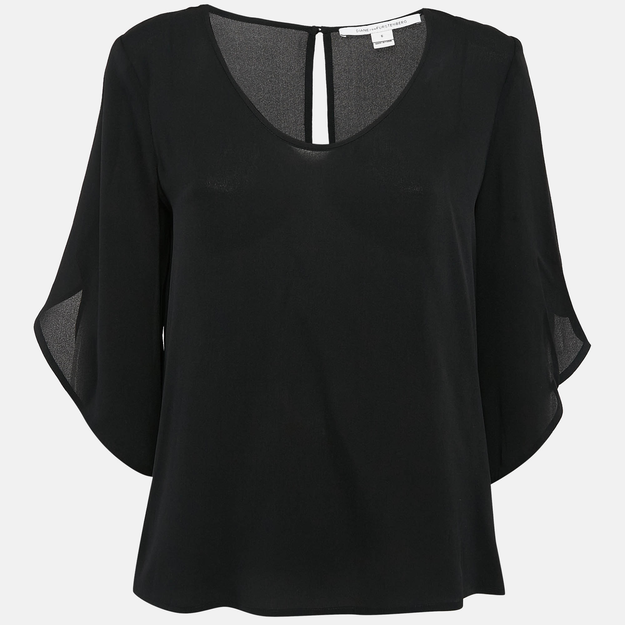 Pre Owned Diane Von Furstenberg Black Crepe Round Neck Top M