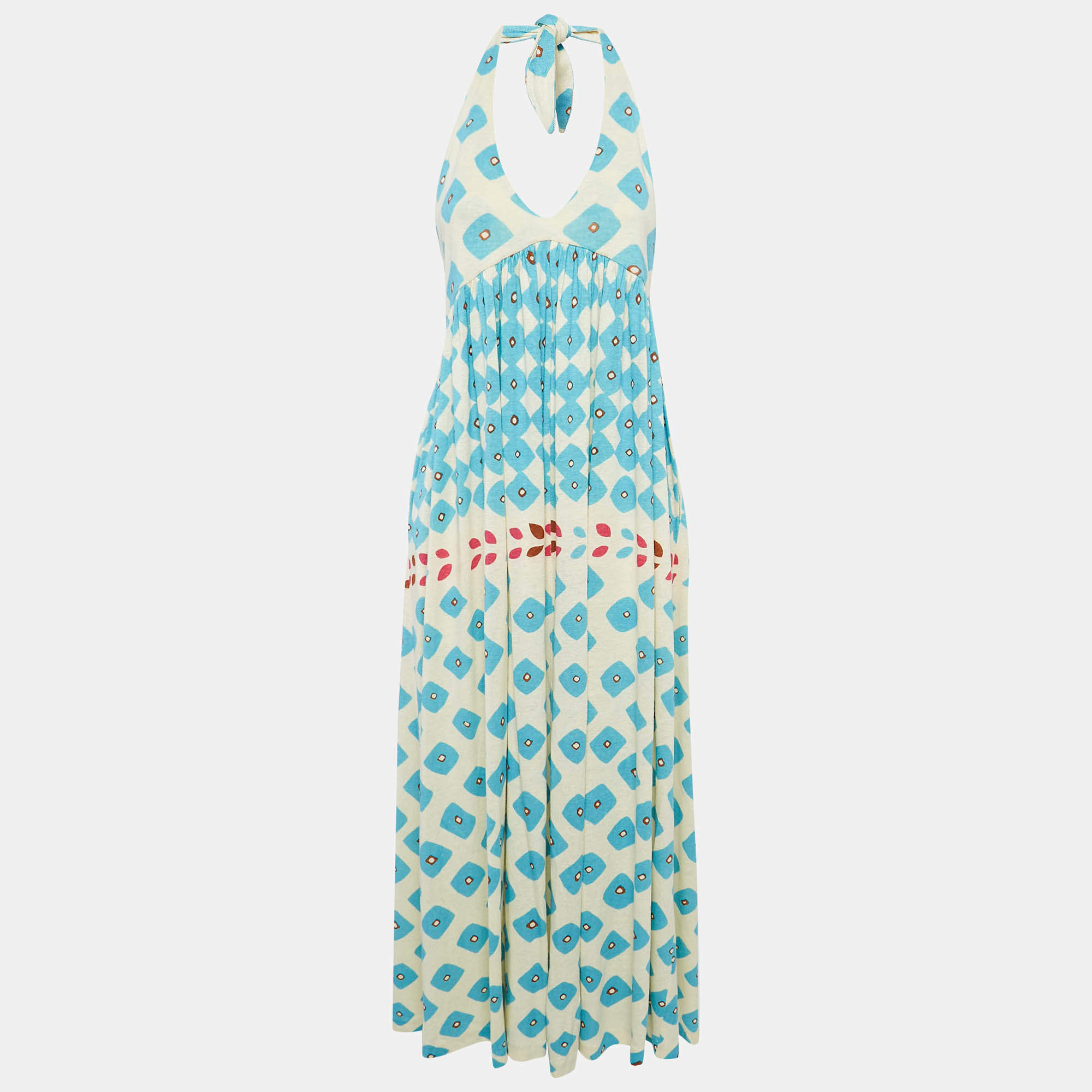 Pre Owned Diane Von Furstenberg Cream Printed Linen Blend Knit Halter Neck Franz Maxi Dress M