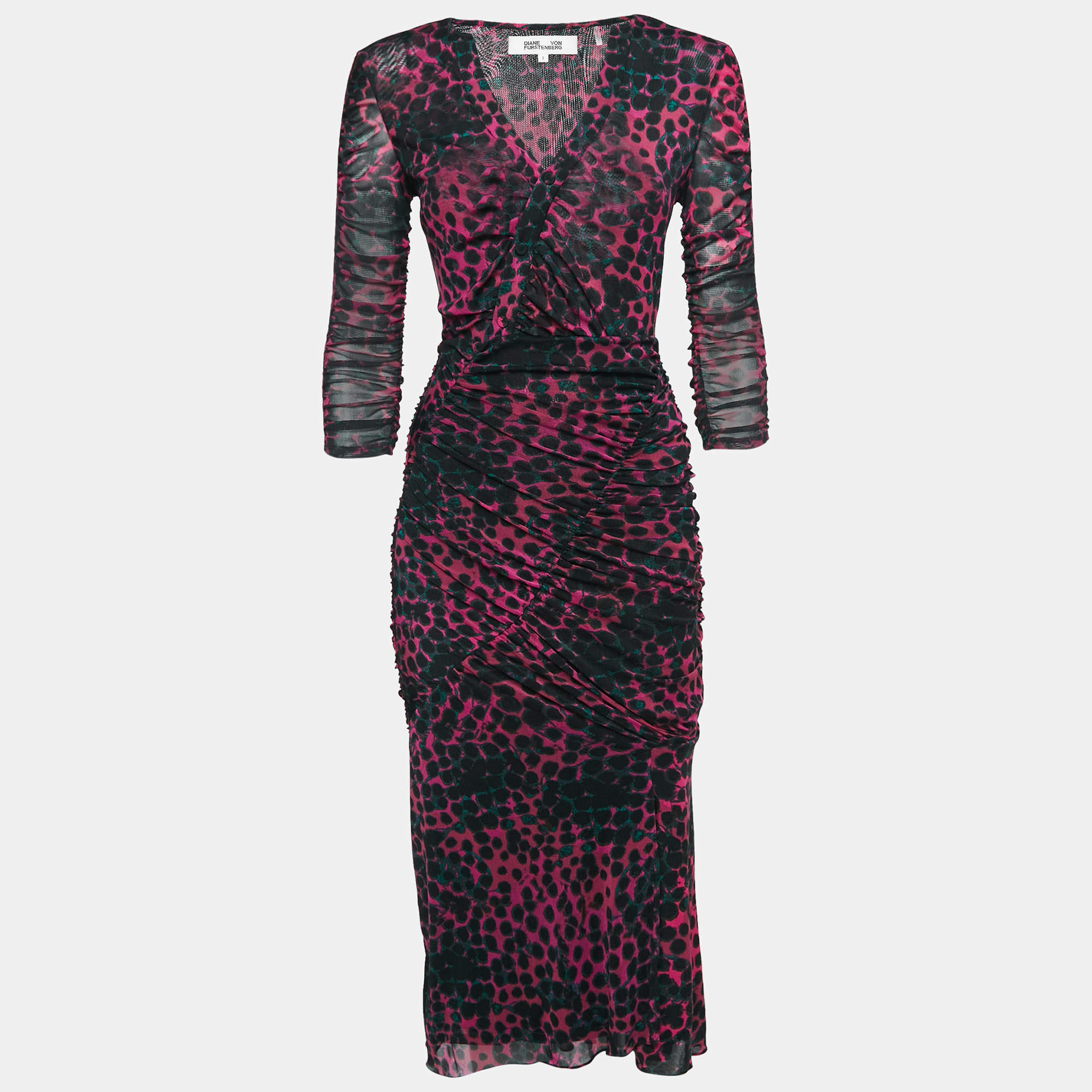 Pre Owned Diane Von Furstenberg Pink Leopard Print Stretch Mesh Ruched Midi Dress S