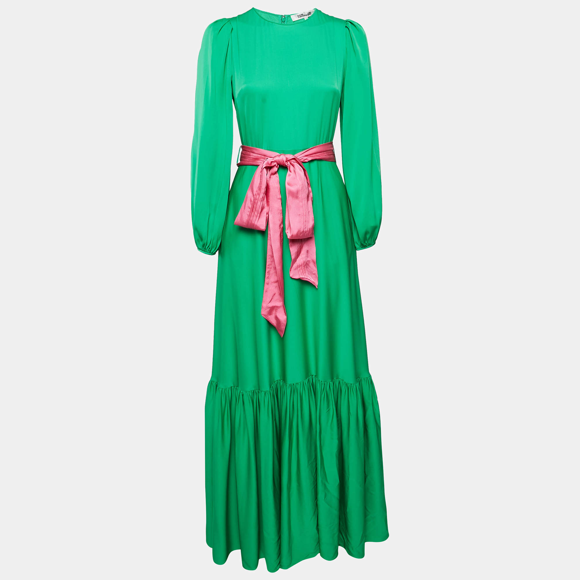 Pre Owned Diane Von Furstenberg Green Silk Belted Flounce Amabel Maxi Dress S