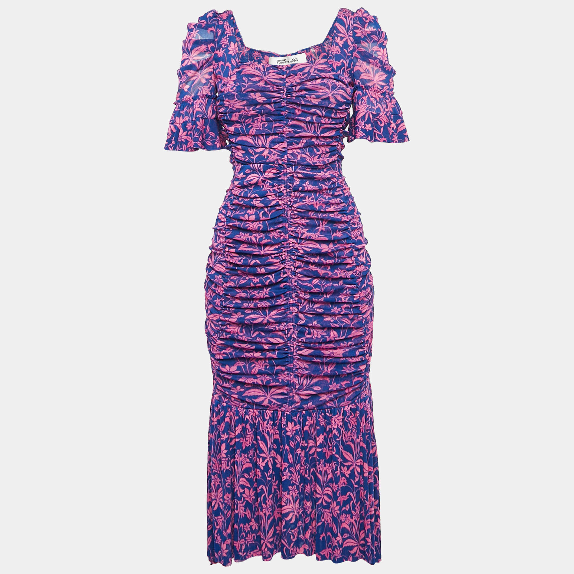 Pre Owned Diane Von Furstenberg Pink/Blue Floral Print Stretch Mesh Ruched Dress S
