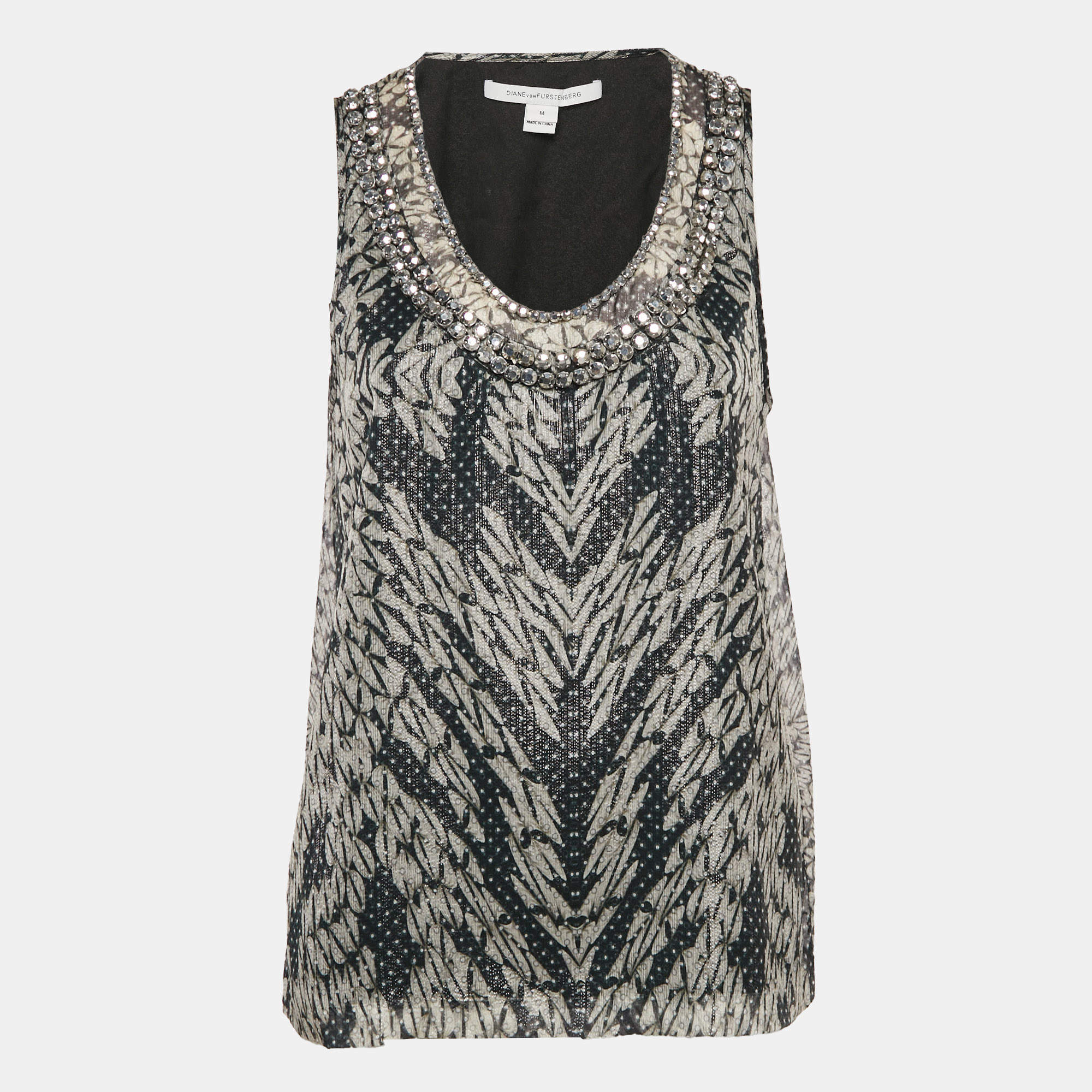 Diane Von Furstenberg Metallic Printed Silk Lurex Stud Detail Sleeveless Ade Top M