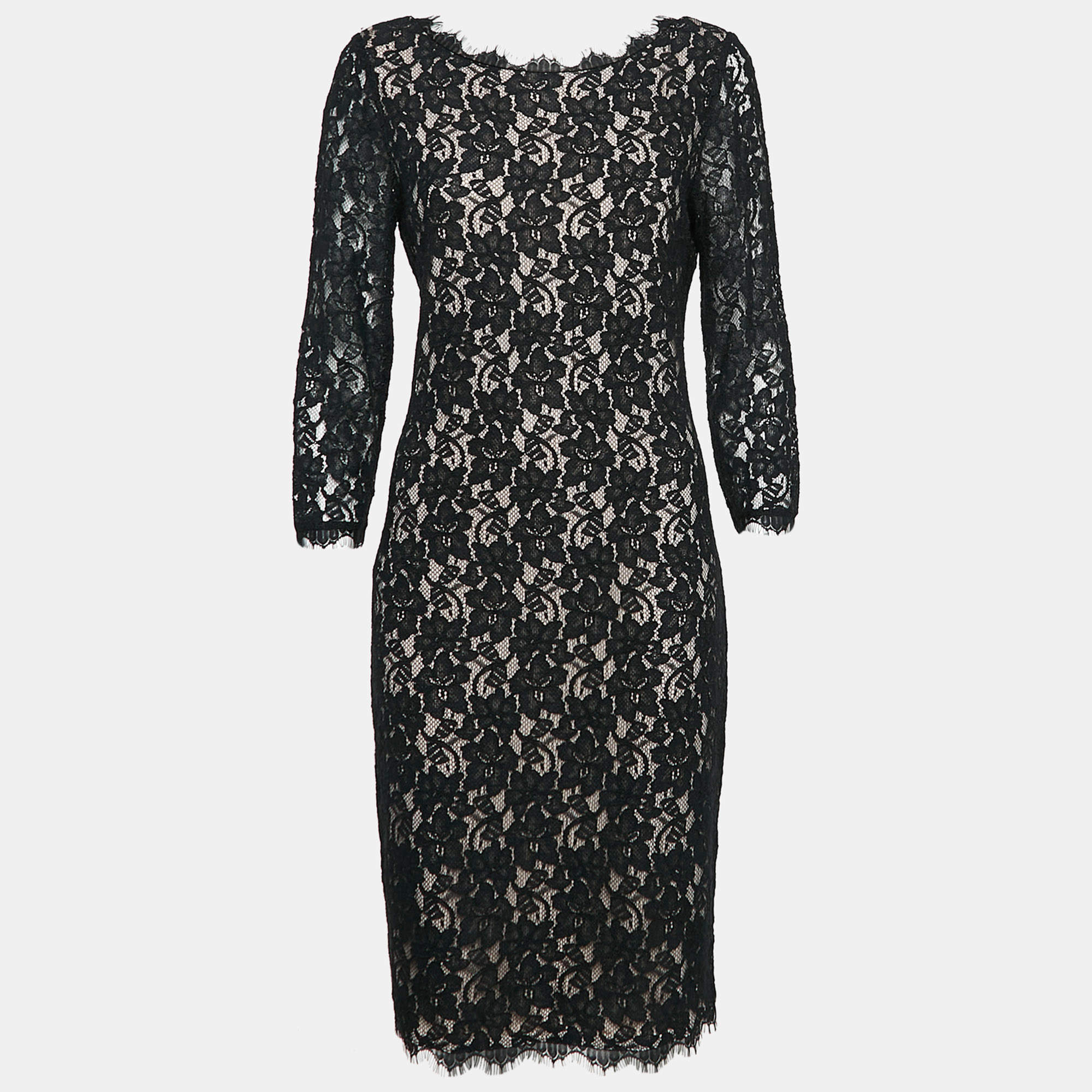 Diane Von Furstenberg  Black Lace Colleen Long Sheath Dress L