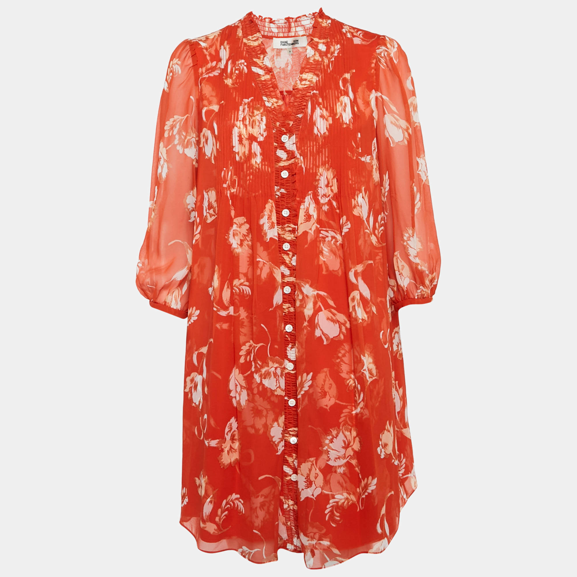Pre Owned : Diane Von Furstenberg Orange Floral Print Silk Button-Front Ruffled Mini Dress M