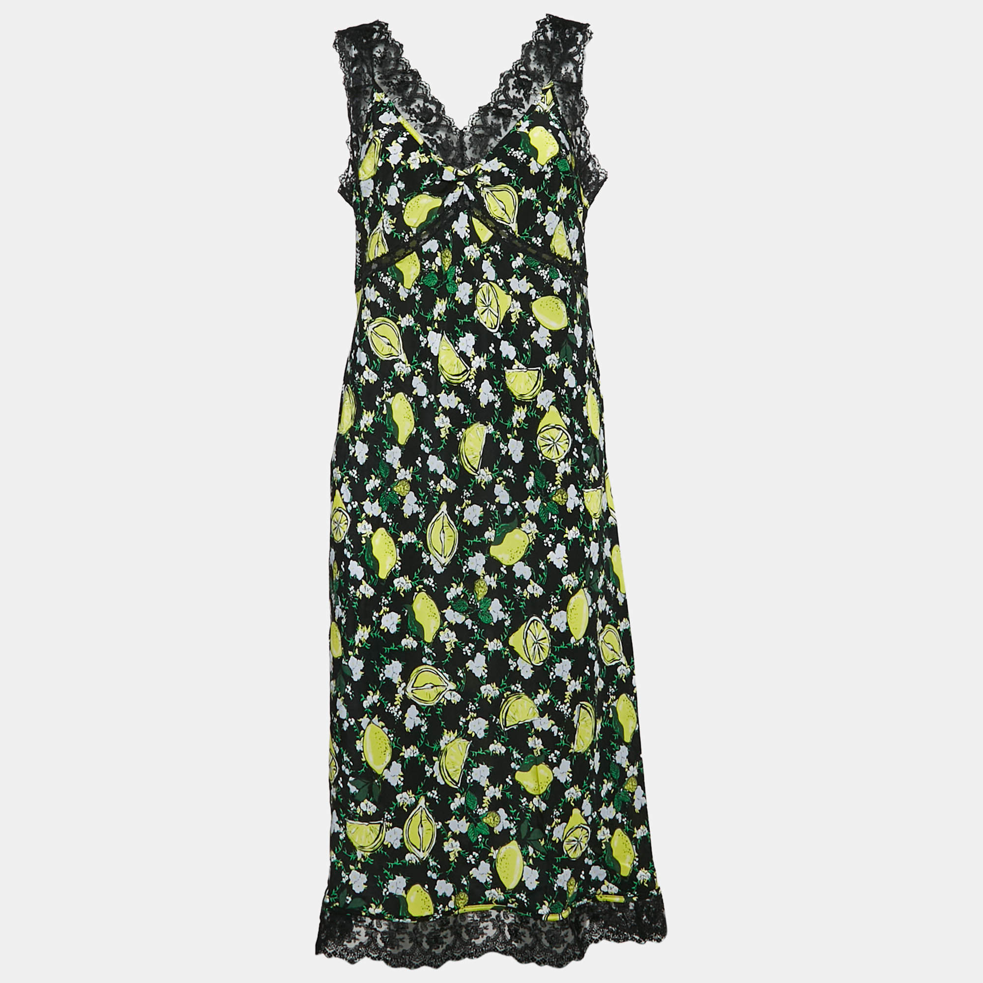 Pre Owned Diane Von Furstenberg Black Lemon Silk Sleeveless Midi Dress M