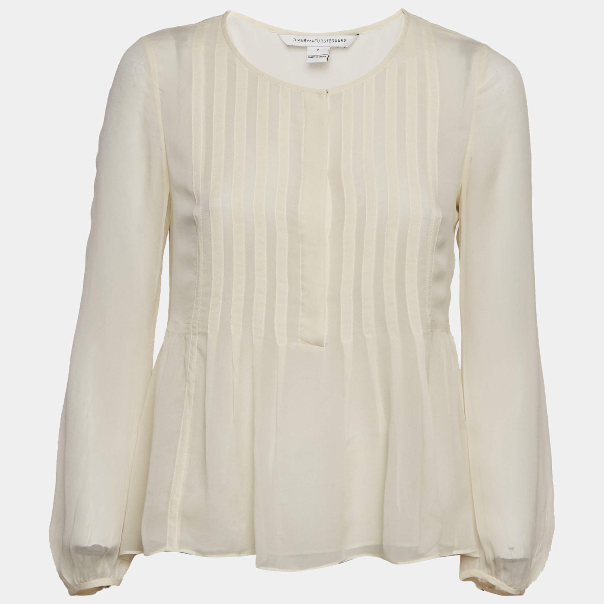 Pre Owned Diane Von Furstenberg Cream Silk Pleated Jayne Blouse S